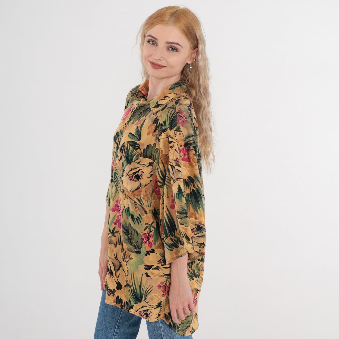 90s Tropical Floral Leaf Print Hawaiian Button-Up Shirt Tan Green Pink Men's XL