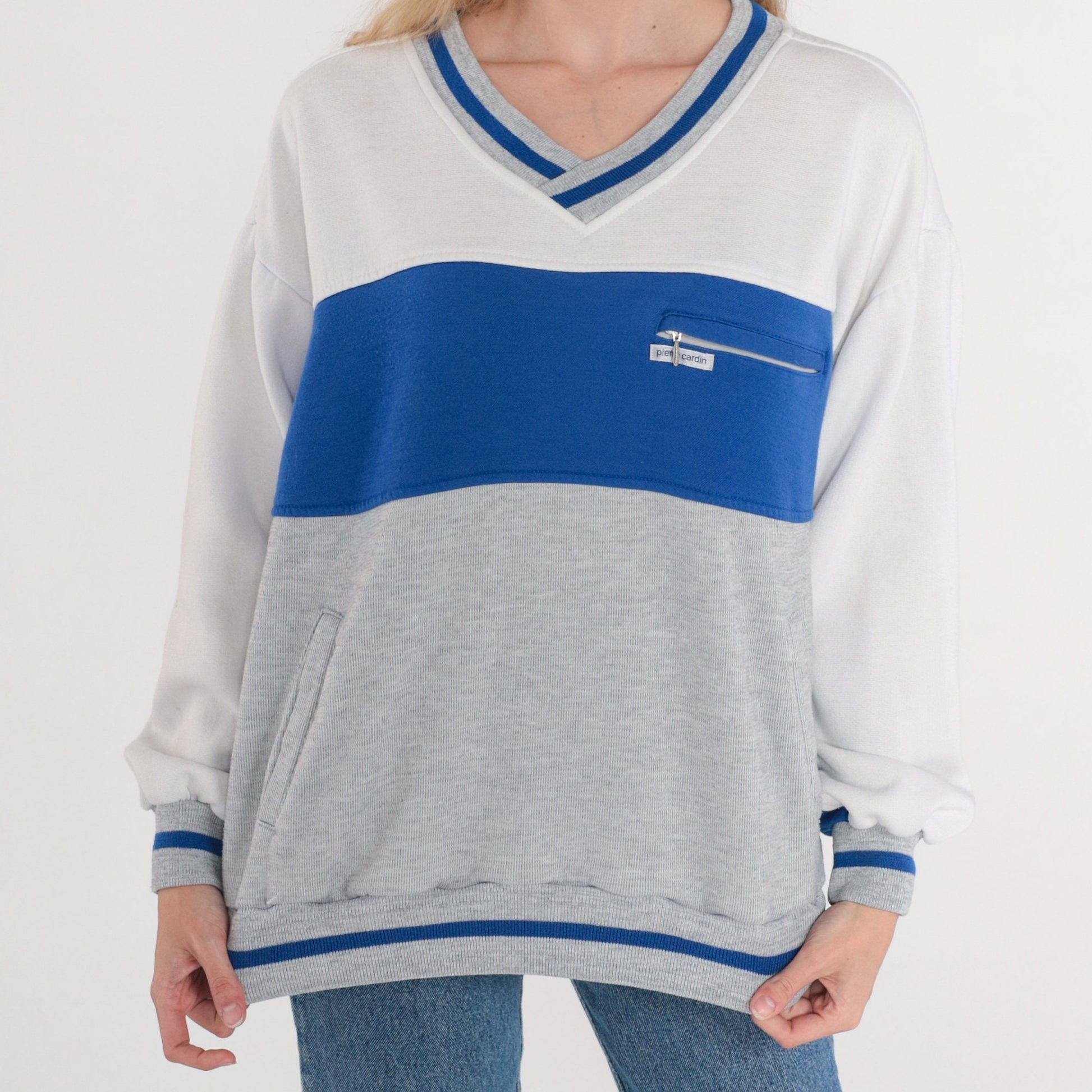 90s Pierre Cardin Color Block V-Neck Sweatshirt Blue Grey White Men's Large L