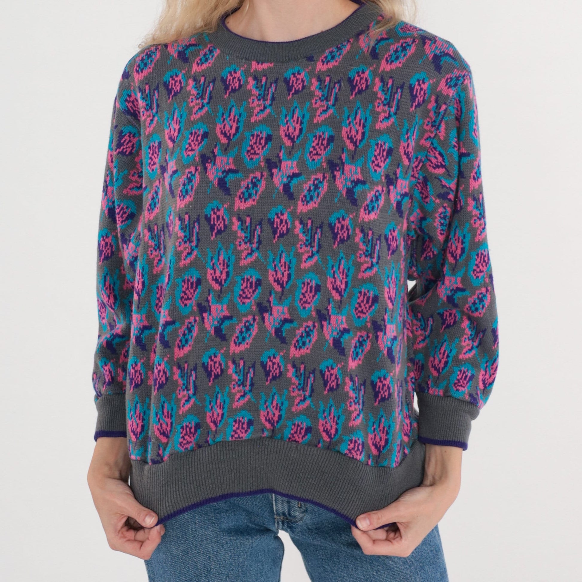 90s Floral Knit Sweater Grey Ringer Crewneck Pink Purple Blue Small