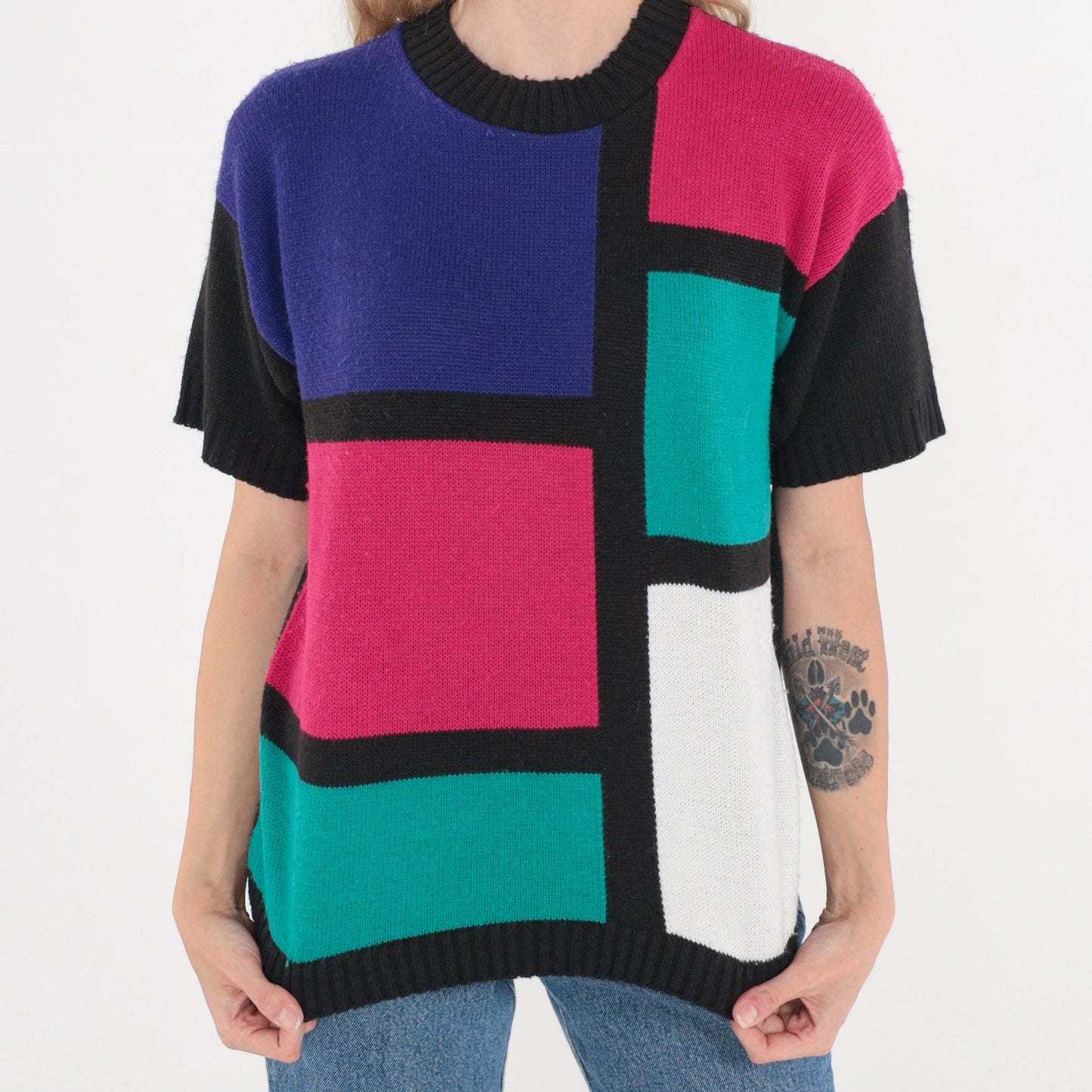 80s Mondrian Color Block Knit Top Short Sleeve Black Pink Purple Green Medium