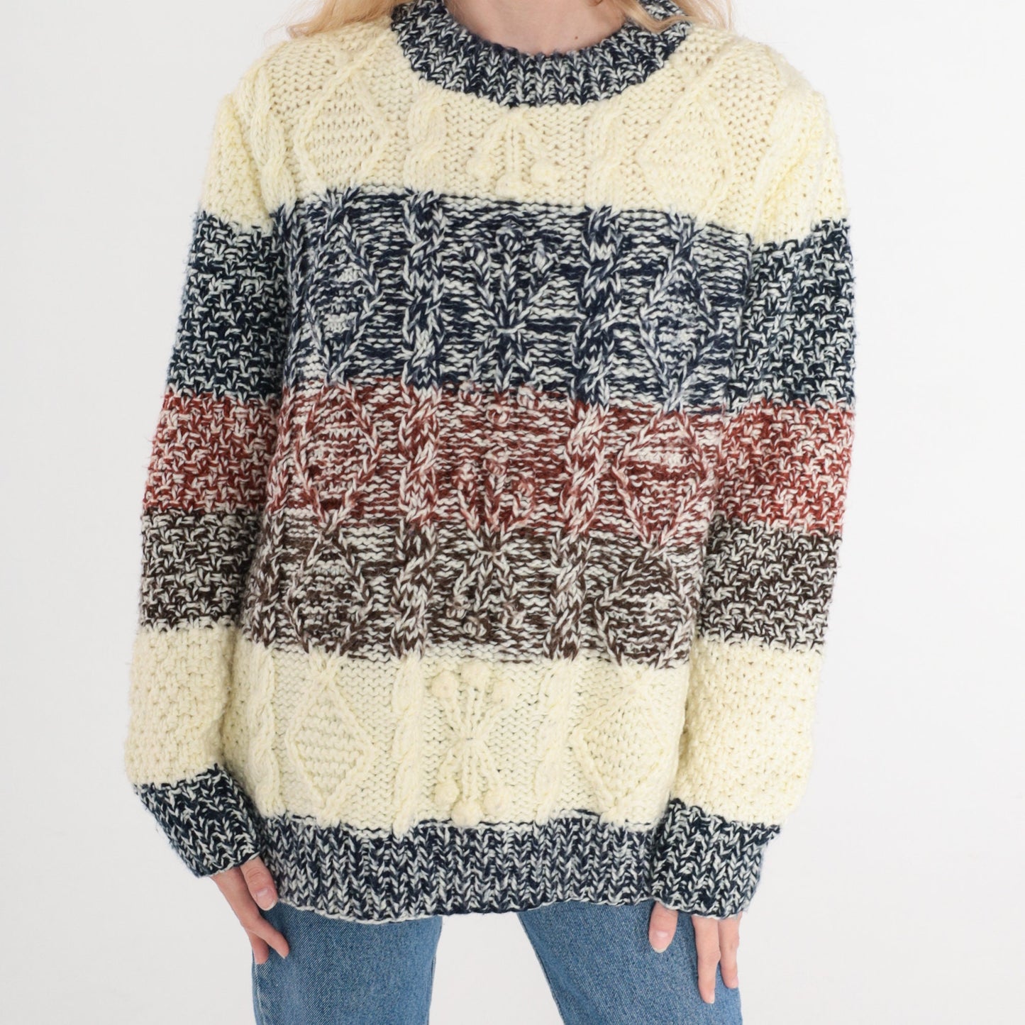 80s Alfie Cable Knit Striped Pullover Sweater Cream Blue Rust Small