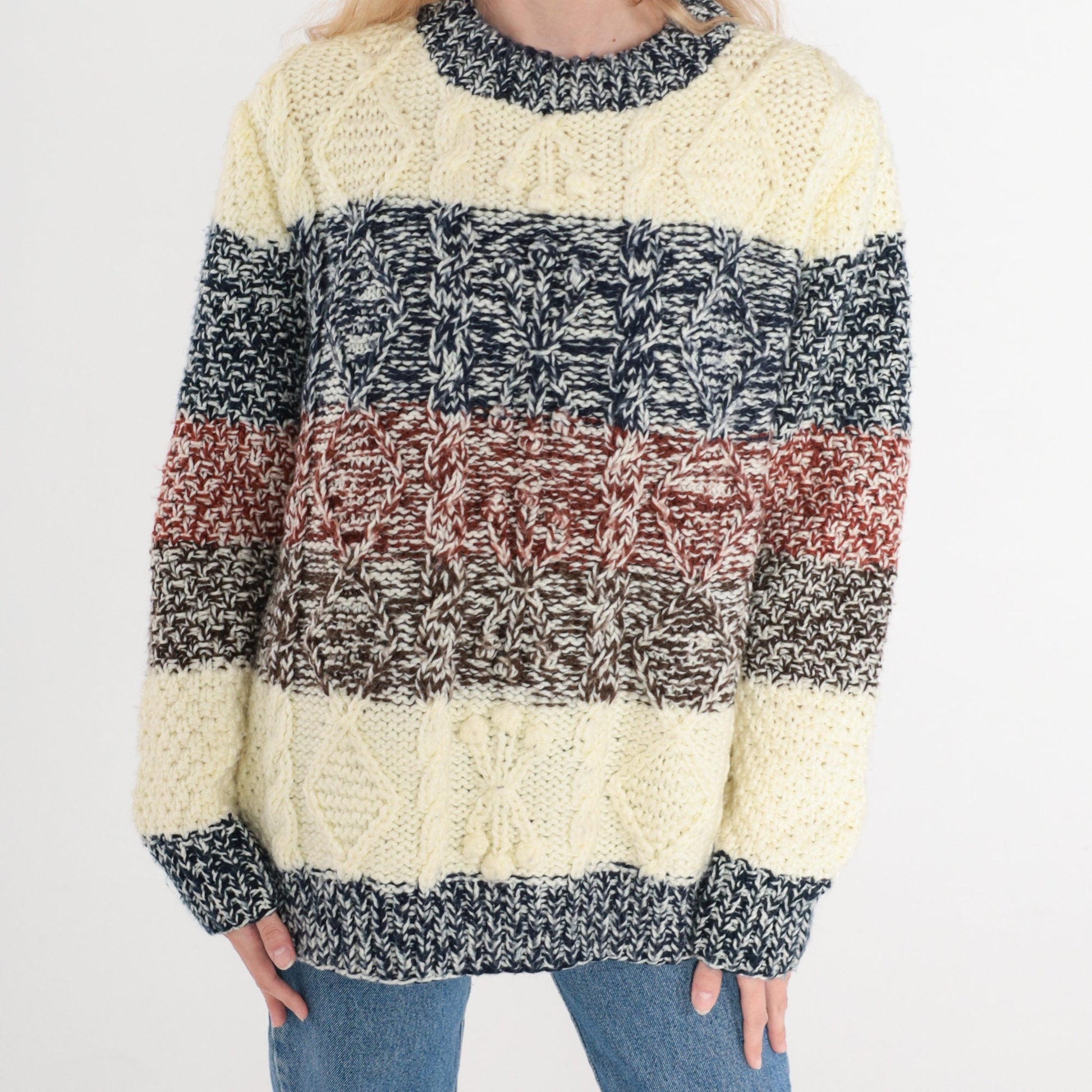 80s Alfie Cable Knit Striped Pullover Sweater Cream Blue Rust Small