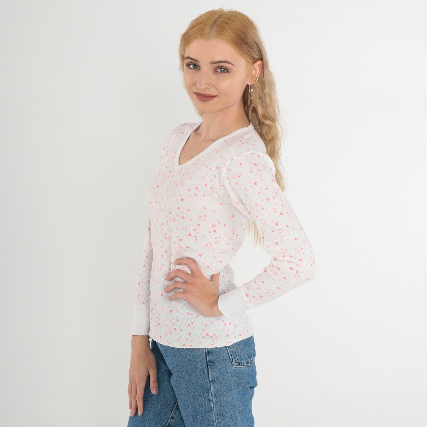 80s Heart Print Waffle Knit Thermal Shirt White V-Neck Long Sleeve Small