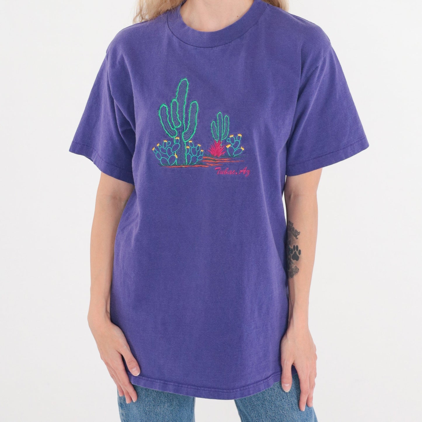90s Tubac Arizona Cactus Embroidered T-Shirt Purple Graphic Tee Medium