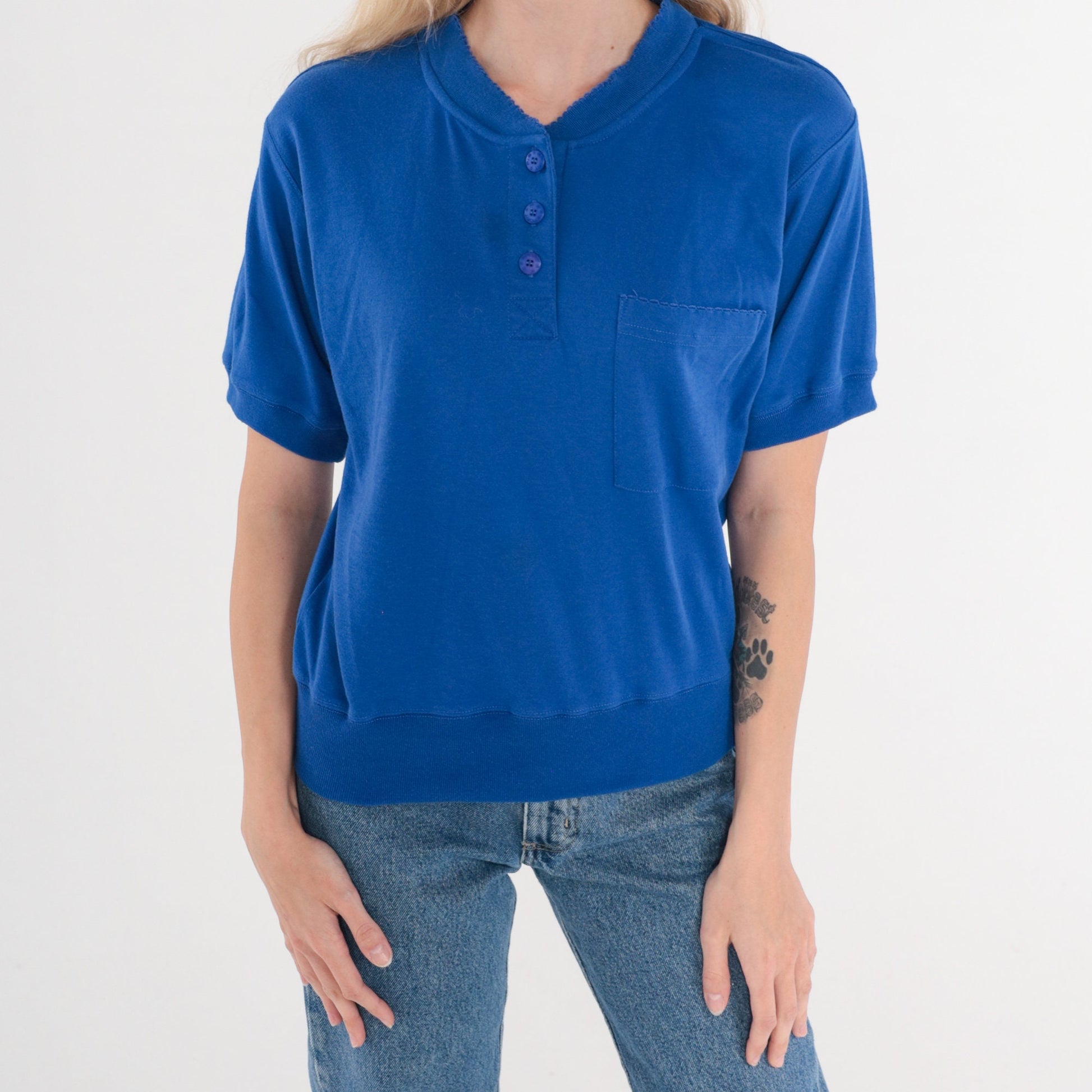 80s Royal Blue Henley Shirt Short Sleeve Banded Hem Small