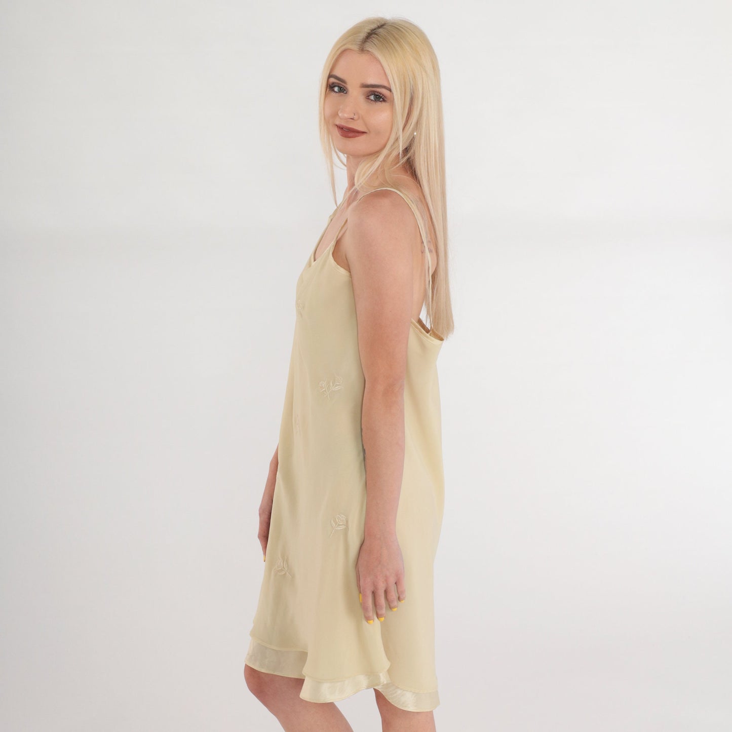 90s Cream Floral Embroidered Slip Dress Mini Spaghetti Strap Layered Large