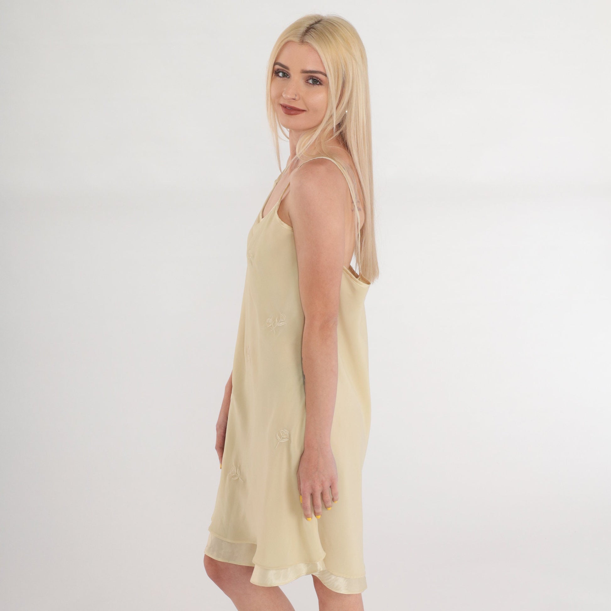 90s Cream Floral Embroidered Slip Dress Mini Spaghetti Strap Layered Large
