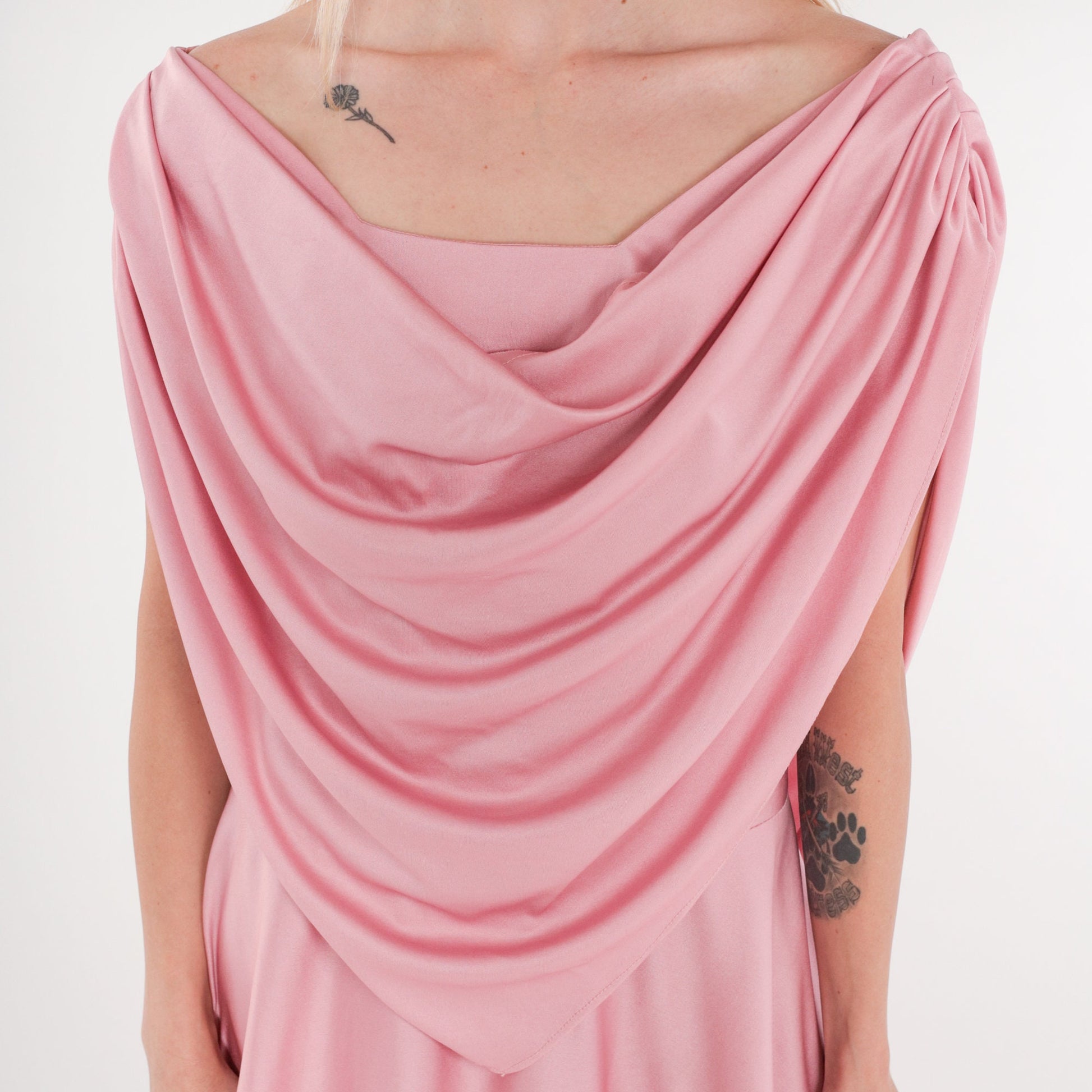 70s Pink Grecian Maxi Dress Off-Shoulder Draped Gown Medium Tall