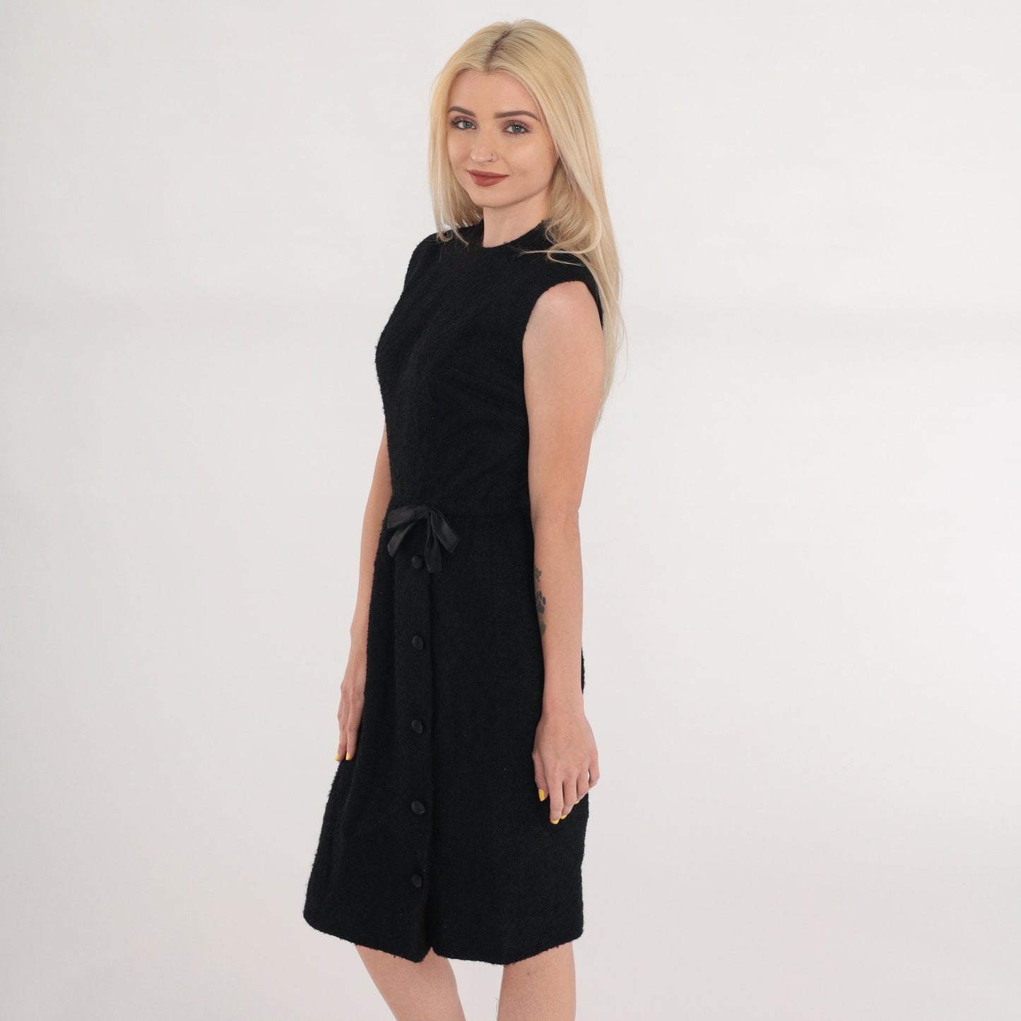 60s Black Wool Sheath Dress Sleeveless Bow Waist Knee Length XS