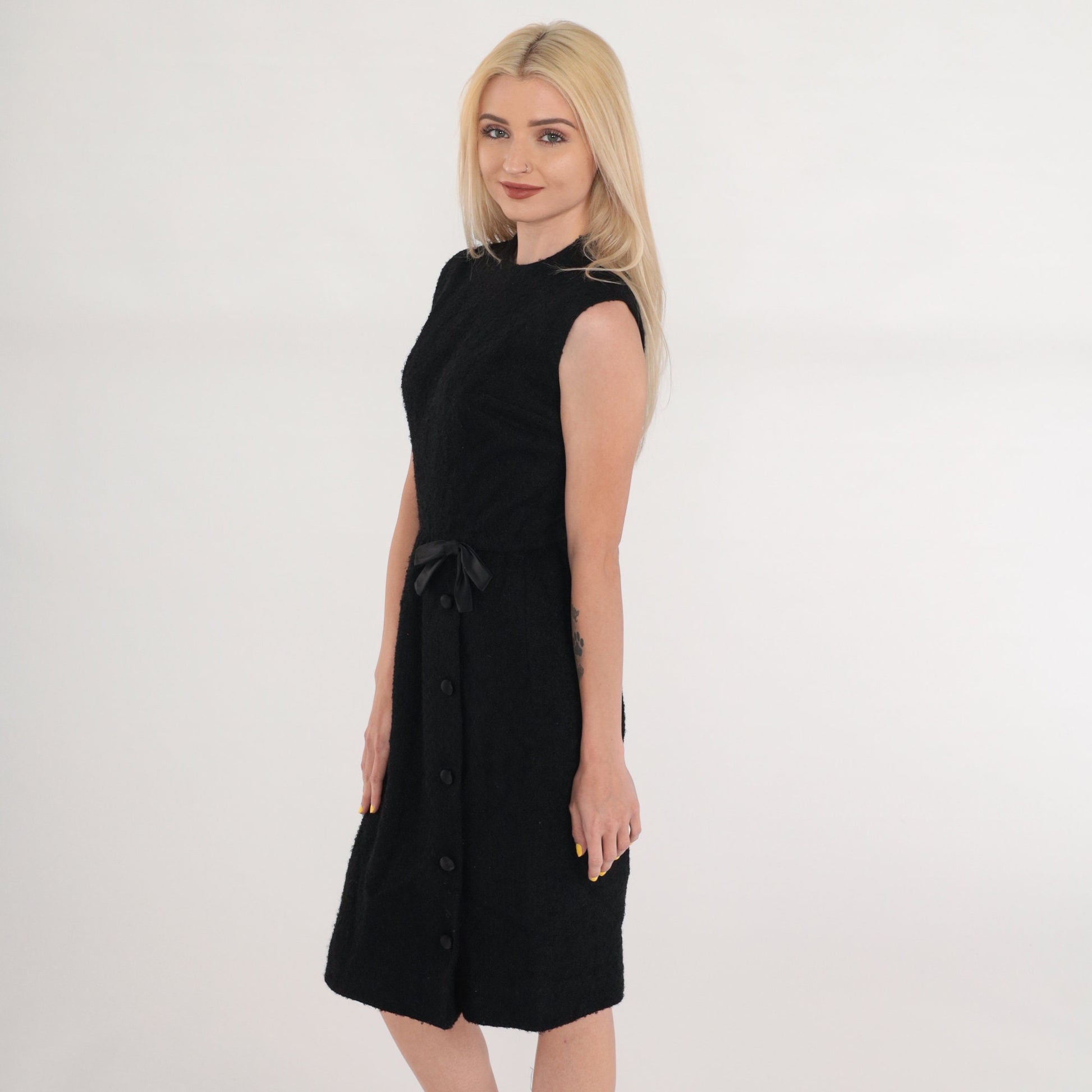60s Black Wool Sheath Dress Sleeveless Bow Waist Knee Length XS