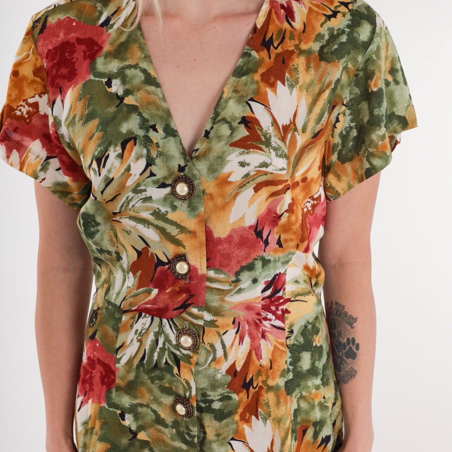 90s La Belle Floral Mini Dress Button-Up V-Neck Sheath Green Red Orange Small