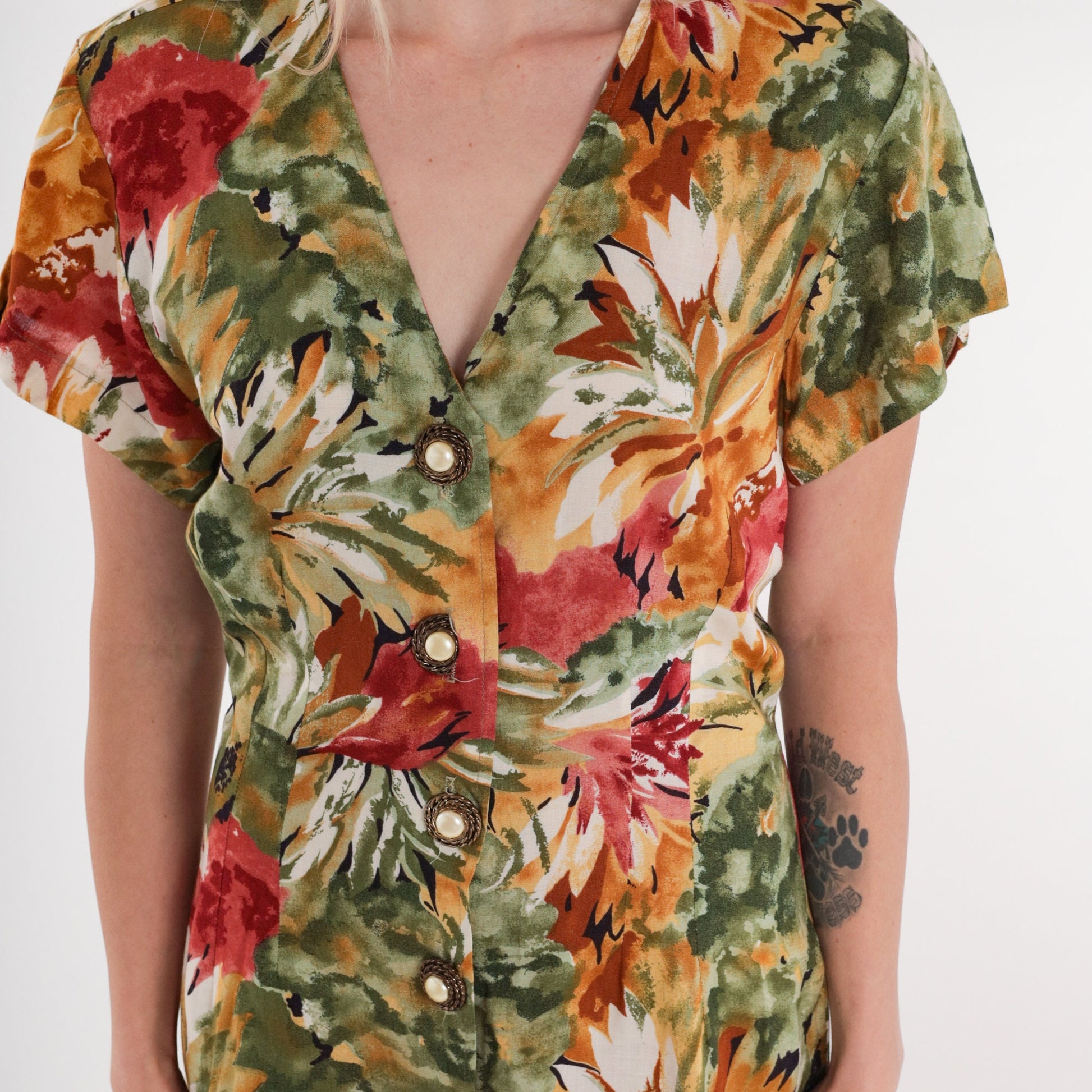 90s La Belle Floral Mini Dress Button-Up V-Neck Sheath Green Red Orange Small