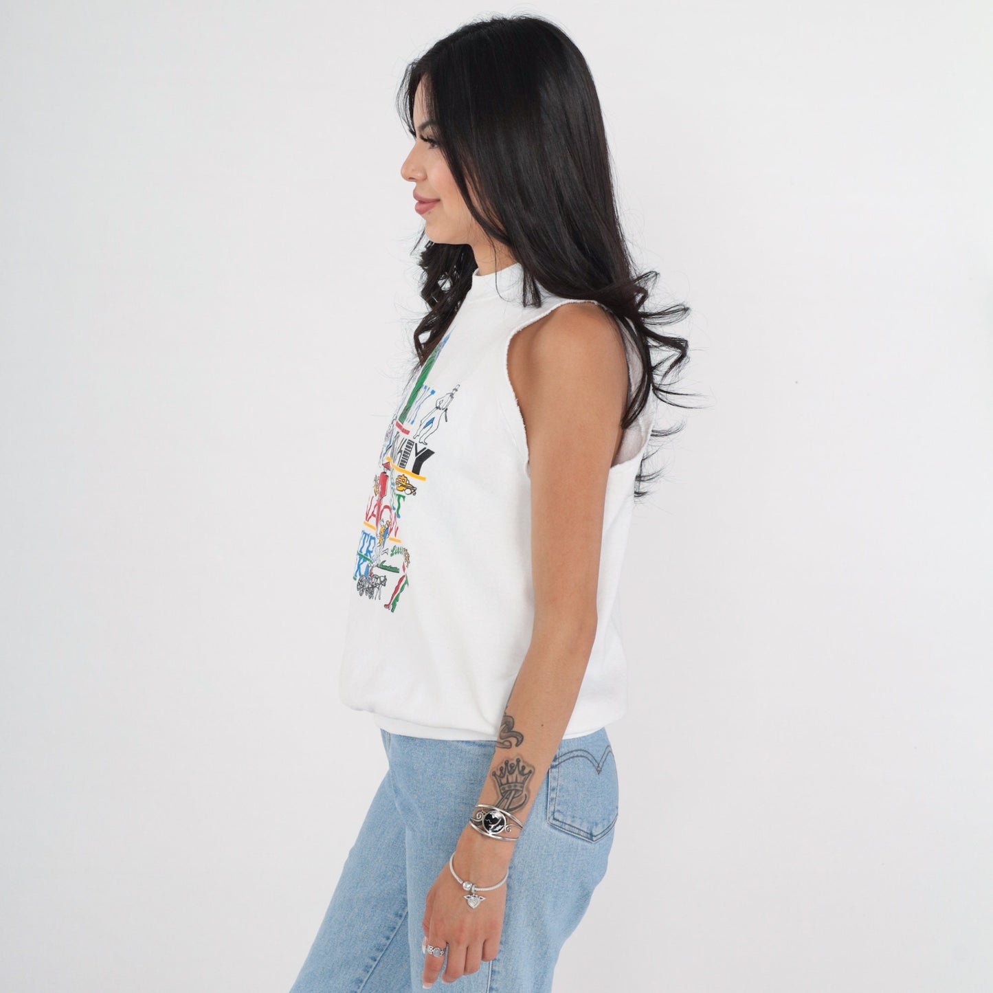 90s New York Muscle Tank Top White Graphic Cutoff Sweatshirt Medium