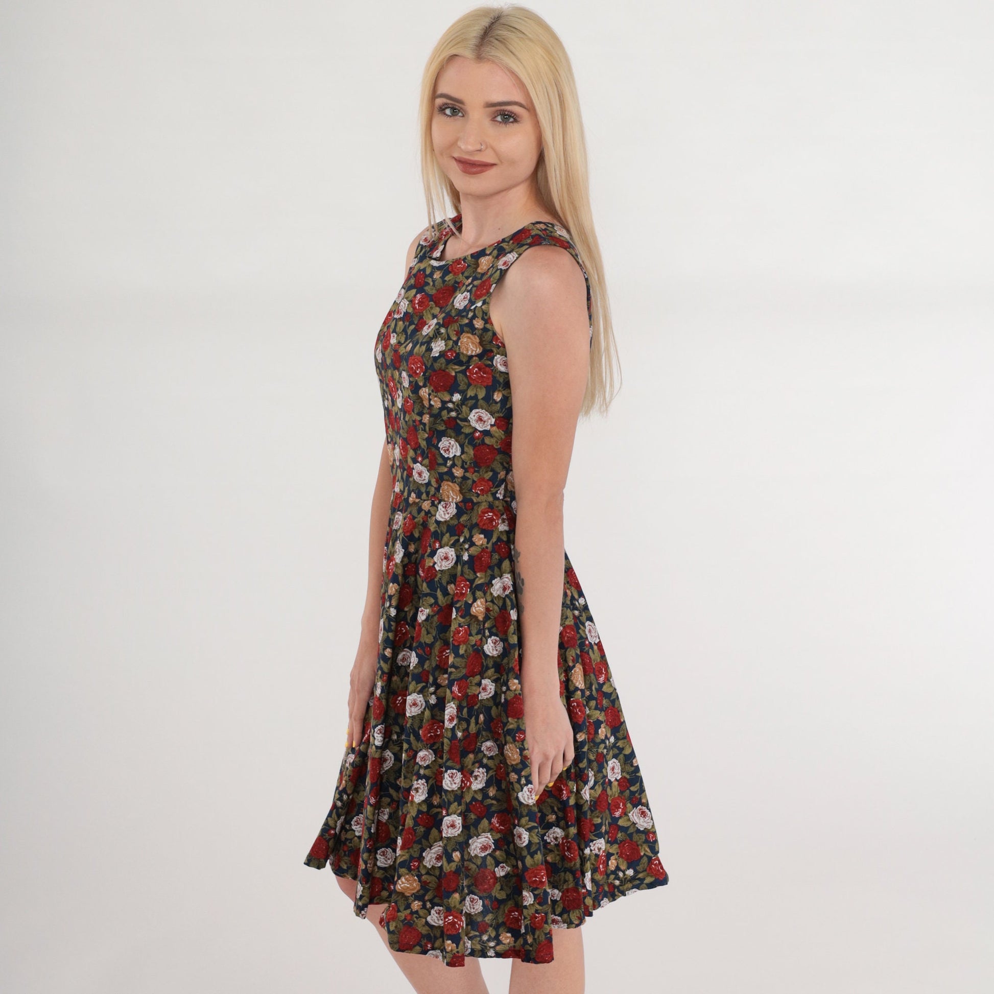 90s Floral Mini Dress Navy Rose Print Sleeveless High Waist Fit Flare Medium