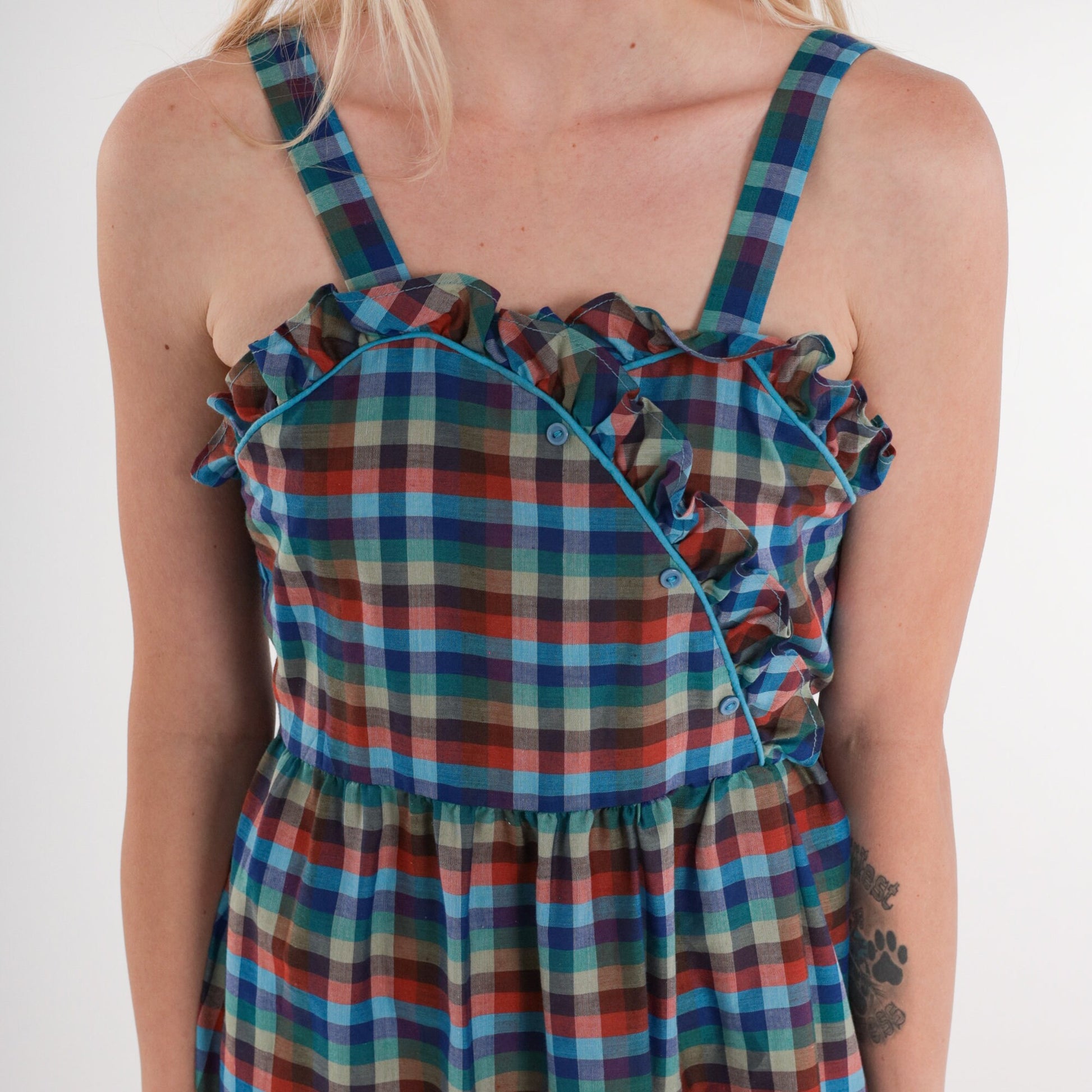 70s Plaid Mini Dress Sleeveless Ruffled Button-Up Blue Green Checkered XS