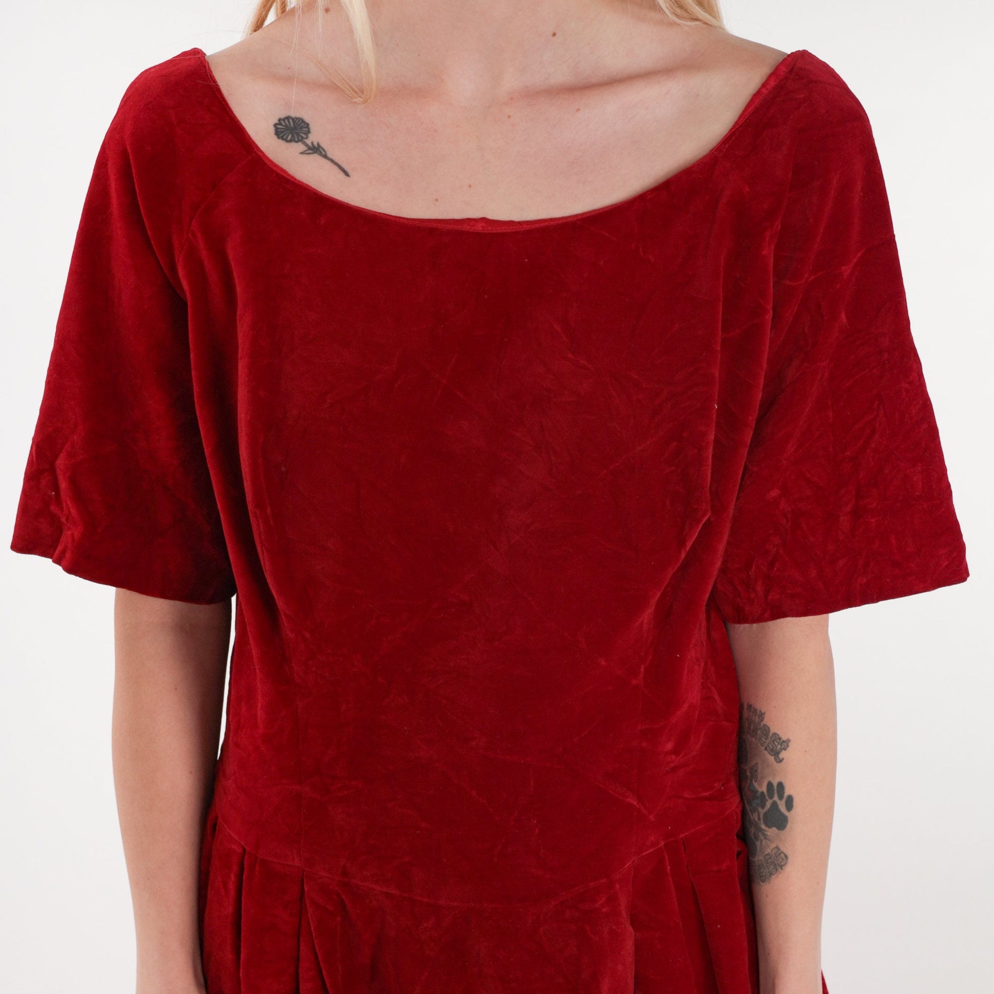 60s Red Velvet Mini Dress High Waist Scoop Back Short Sleeve Extra Large XL