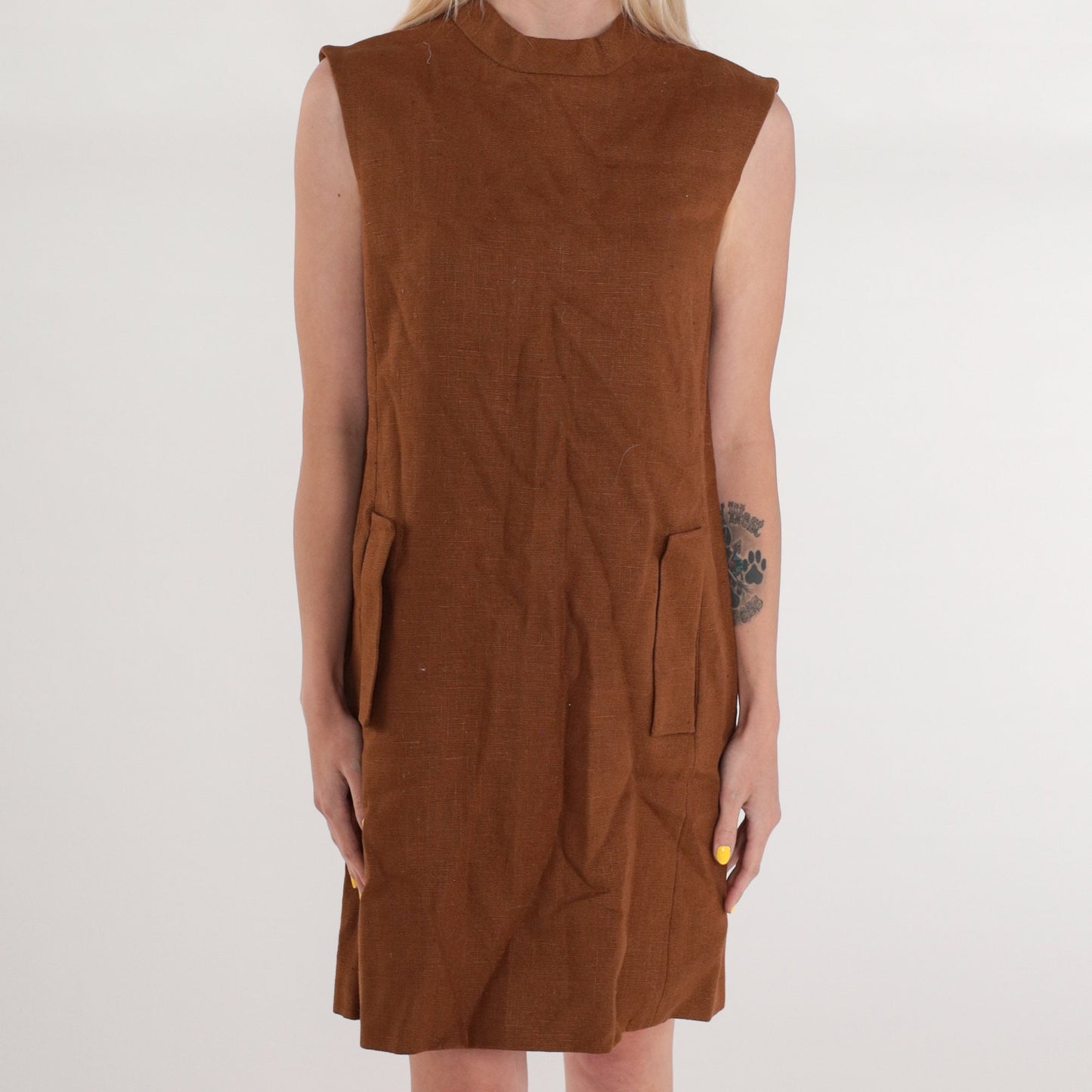 60s Brown Linen Shift Dress Mock Neck Mini Sleeveless Pockets Small