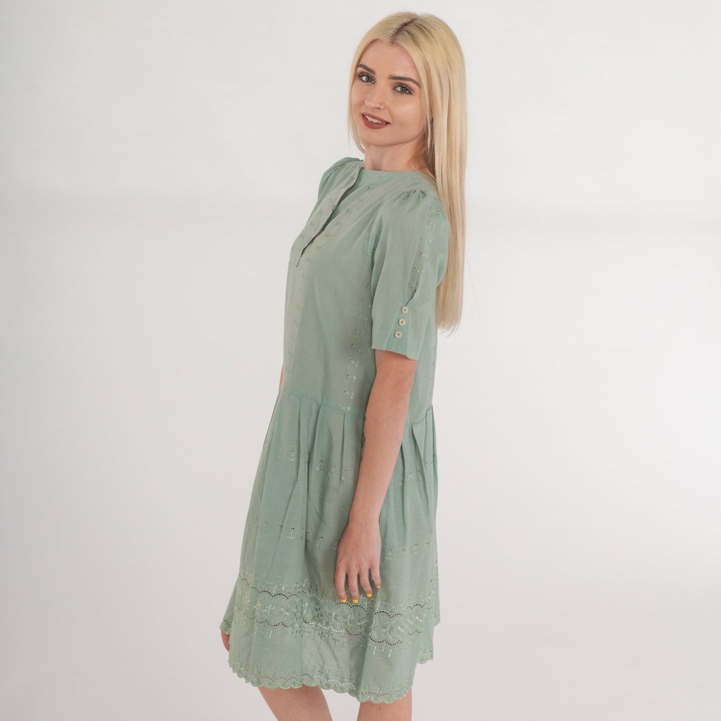 Y2K Green Floral Embroidered Mini Dress Puff Sleeve Criss Cross Back Small