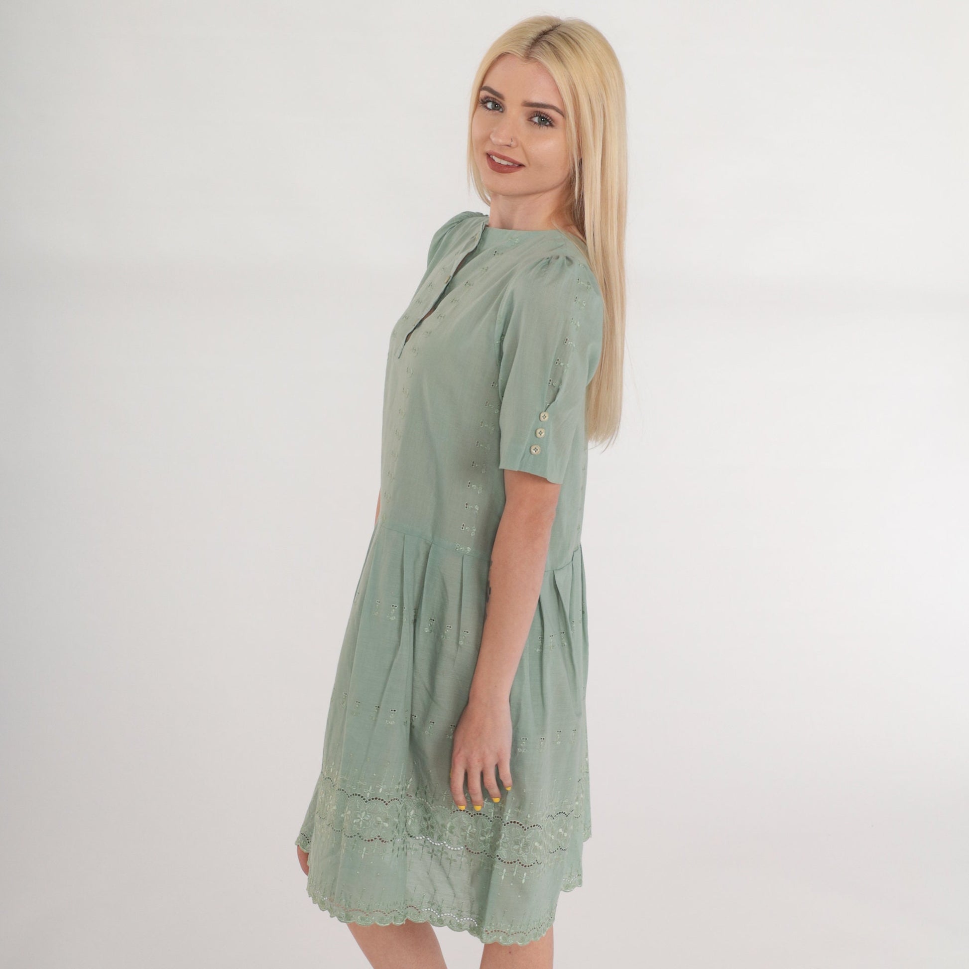 Y2K Green Floral Embroidered Mini Dress Puff Sleeve Criss Cross Back Small