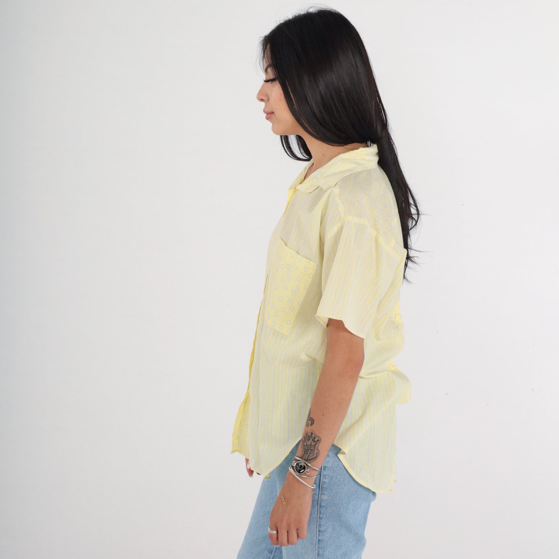 80s Yellow Striped Dot Print Button-Up Blouse Short Sleeve Medium