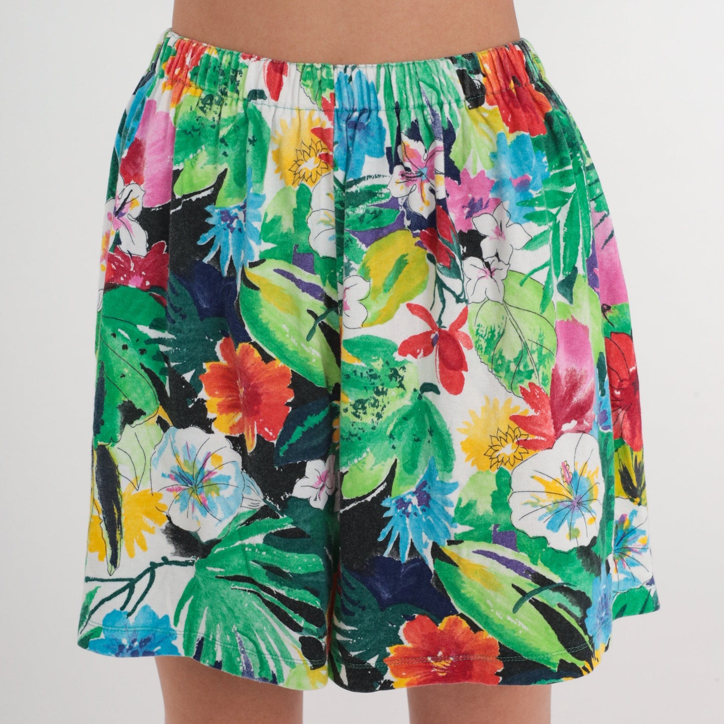 90s Tropical Floral Leaf Print Shorts High Waist Elastic Small Medium