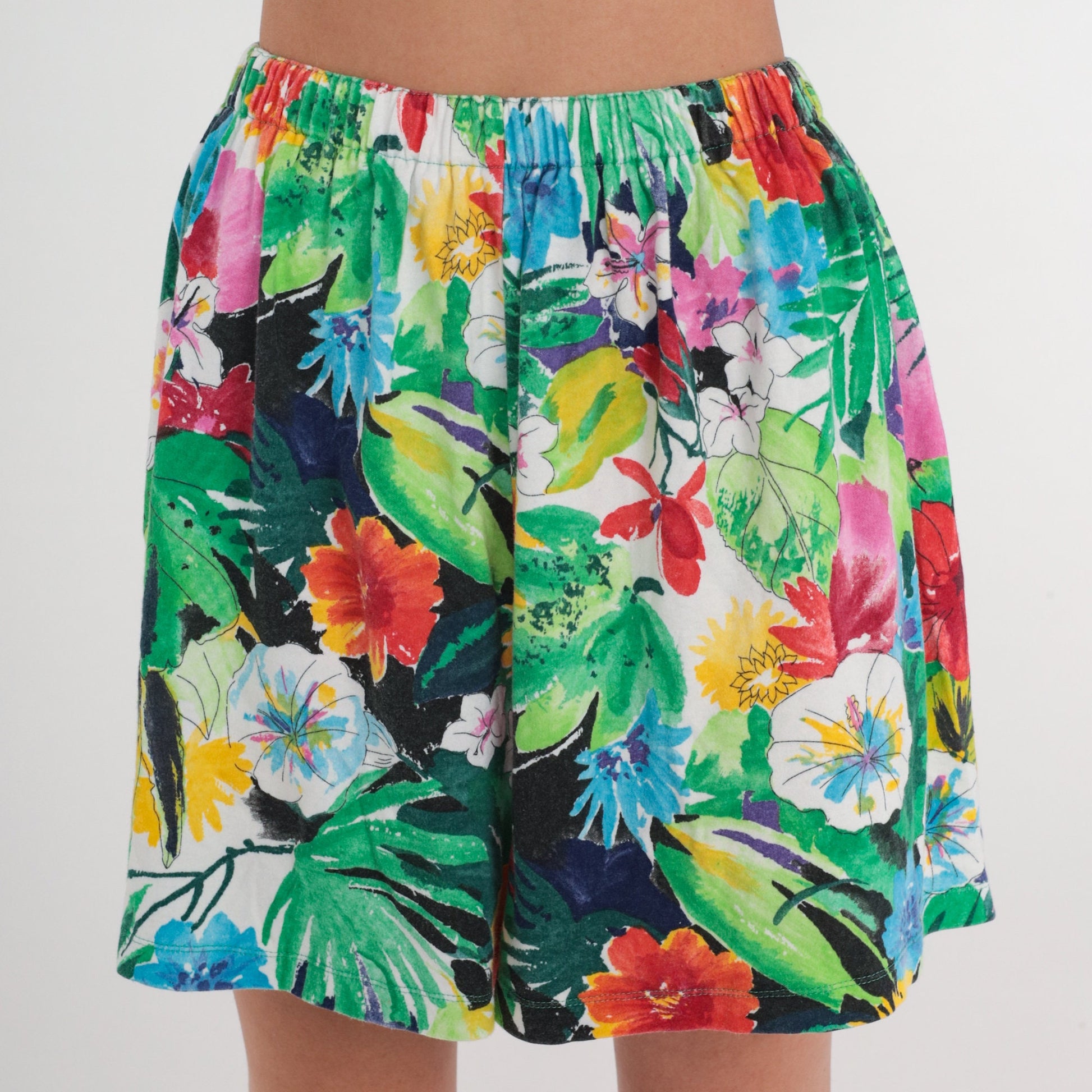 90s Tropical Floral Leaf Print Shorts High Waist Elastic Small Medium