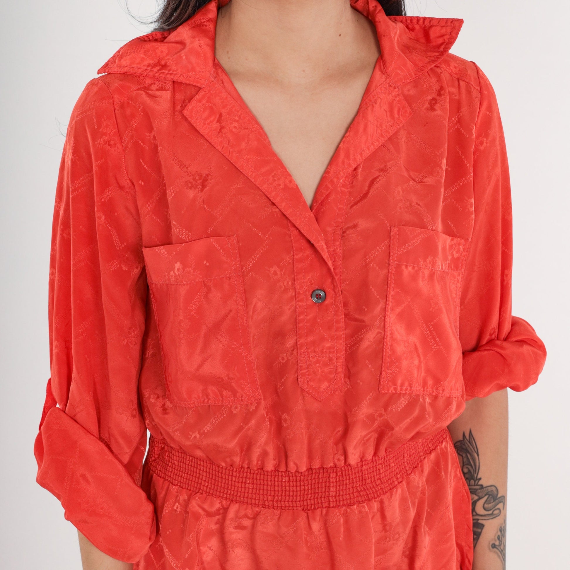 70s Irene Kasmer Orange Floral Blouson Mini Dress Smocked Waist Medium M