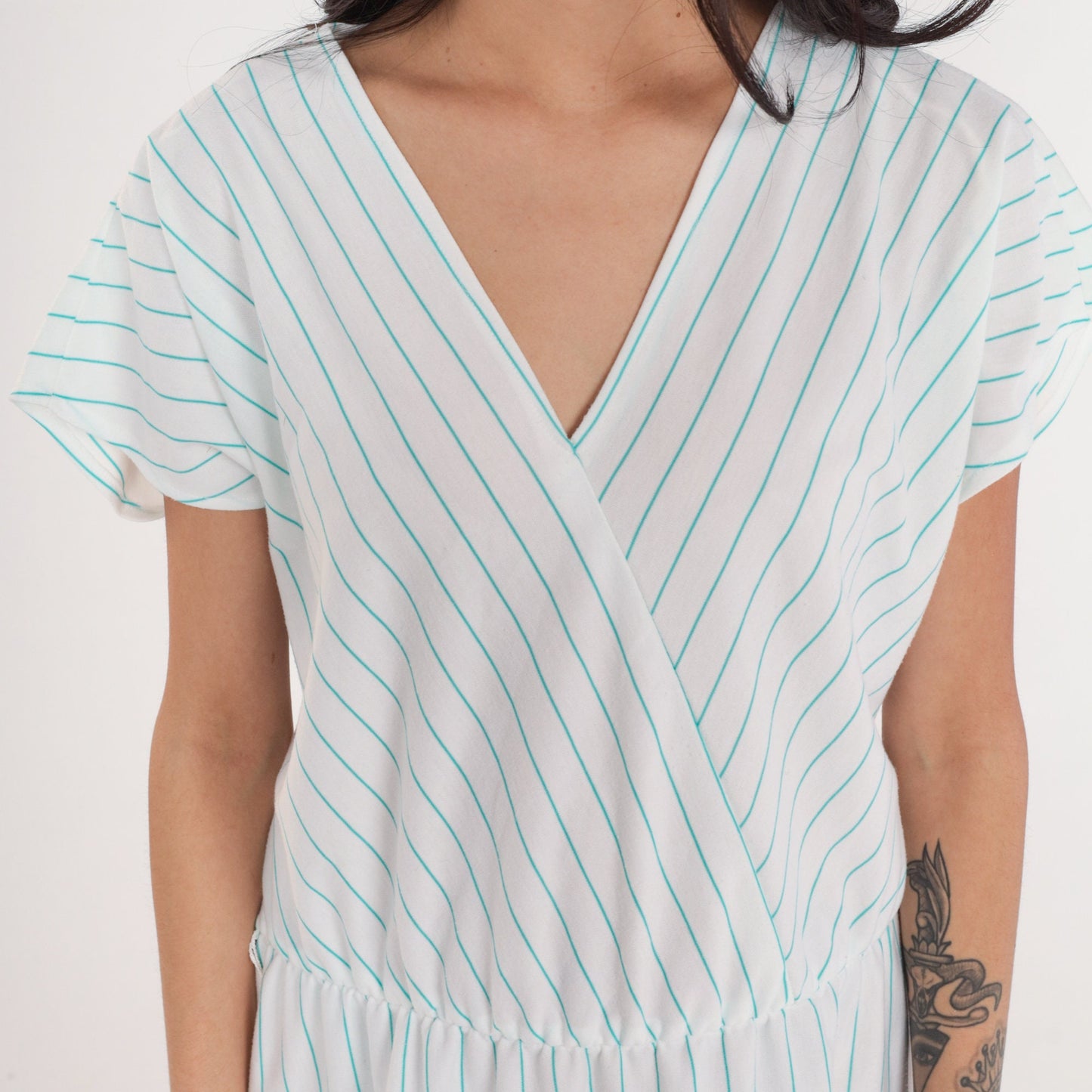 80s White Blue Striped Mini Dress V-Neck Faux Wrap High Waist Medium Large