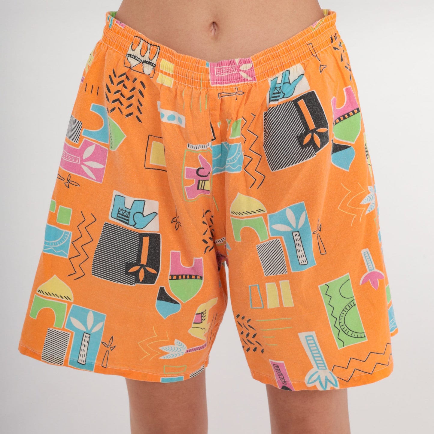 90s Orange Tropical Elephant Print High-Waist Shorts Wide Leg Cotton Medium