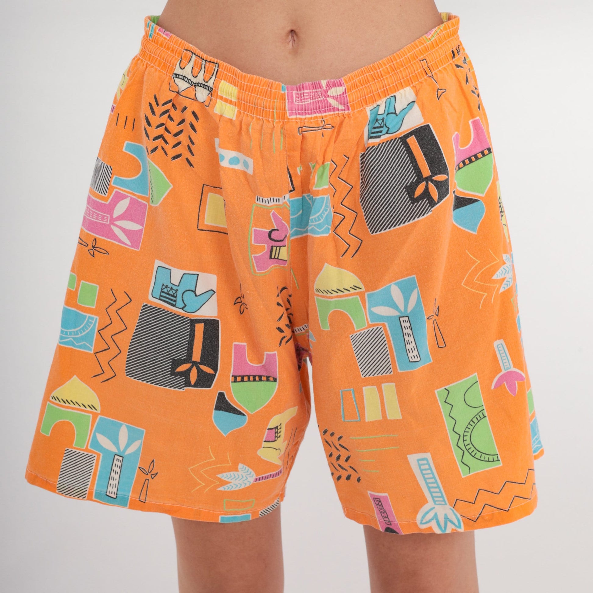90s Orange Tropical Elephant Print High-Waist Shorts Wide Leg Cotton Medium