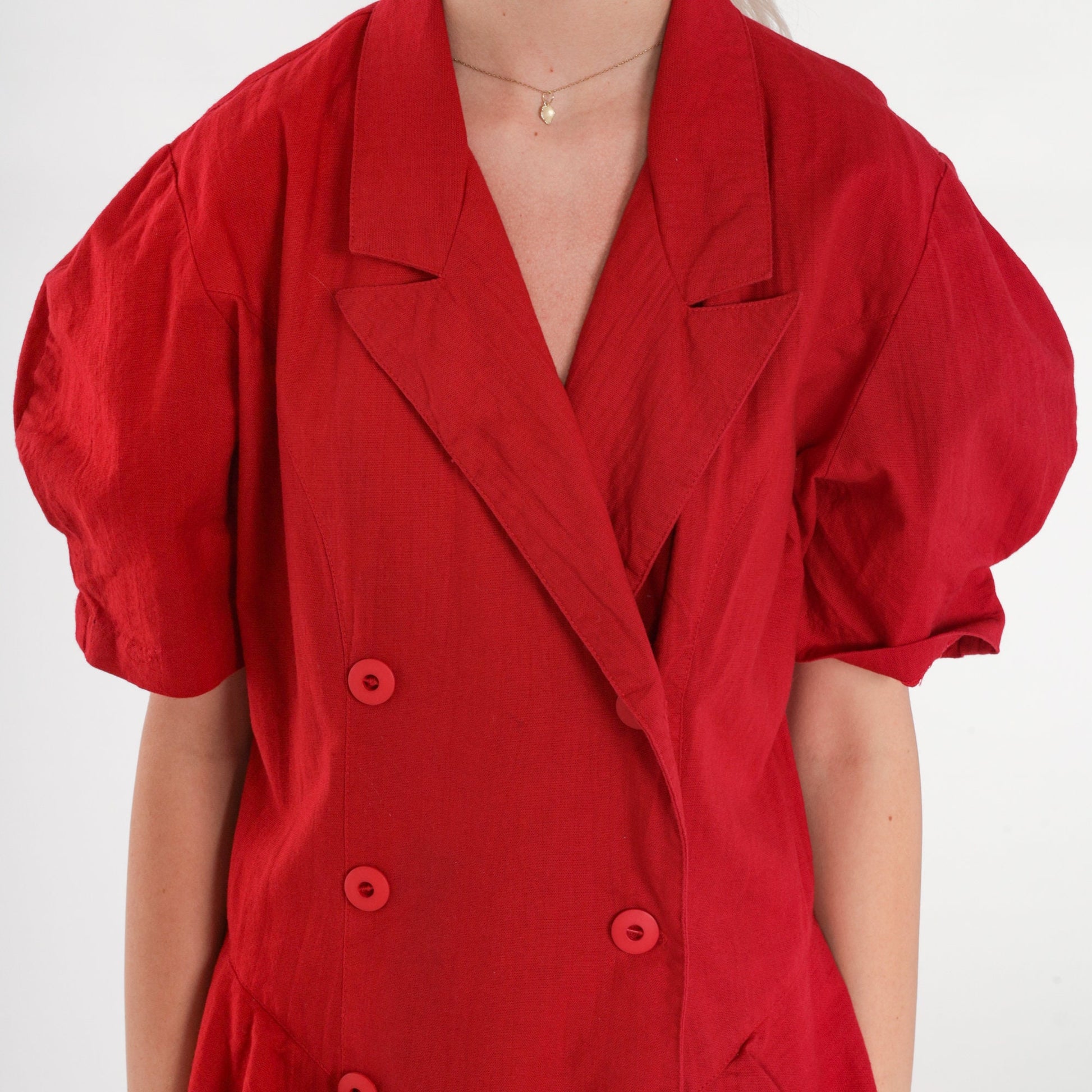 80s Red Double Breasted Mini Dress Puff Sleeve Peplum Collar Small S