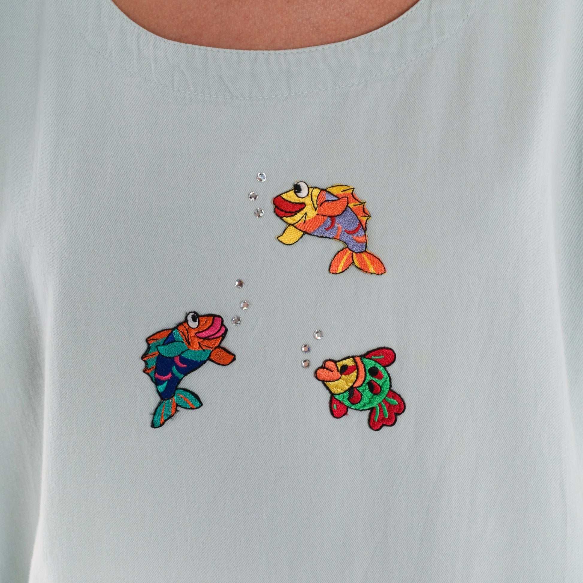 90s Tropical Fish Rhinestone Mini T-Shirt Dress Scoop Neck Pockets Medium M