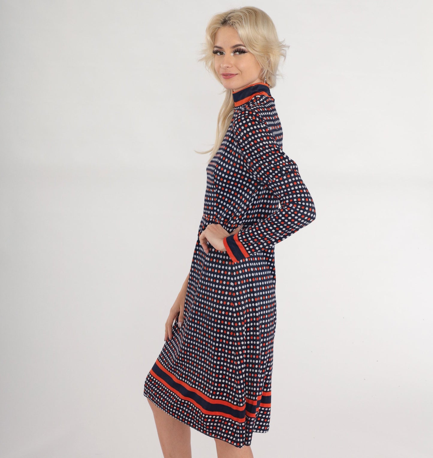 1960s Mod Polka Dot Dress Navy Blue Red White Puff Sleeve Mock Neck Small S
