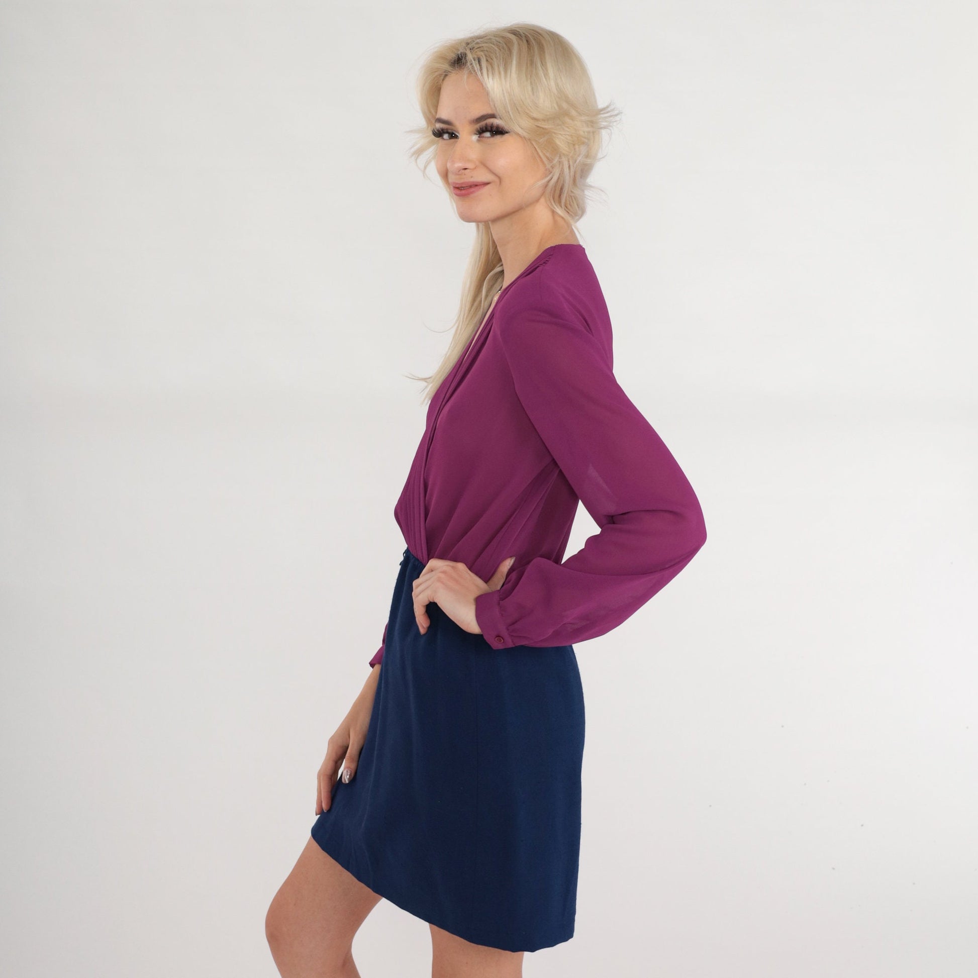70s Secretary Dress Purple Navy Mini Faux Wrap V-Neck Long Sleeve Extra Small XS