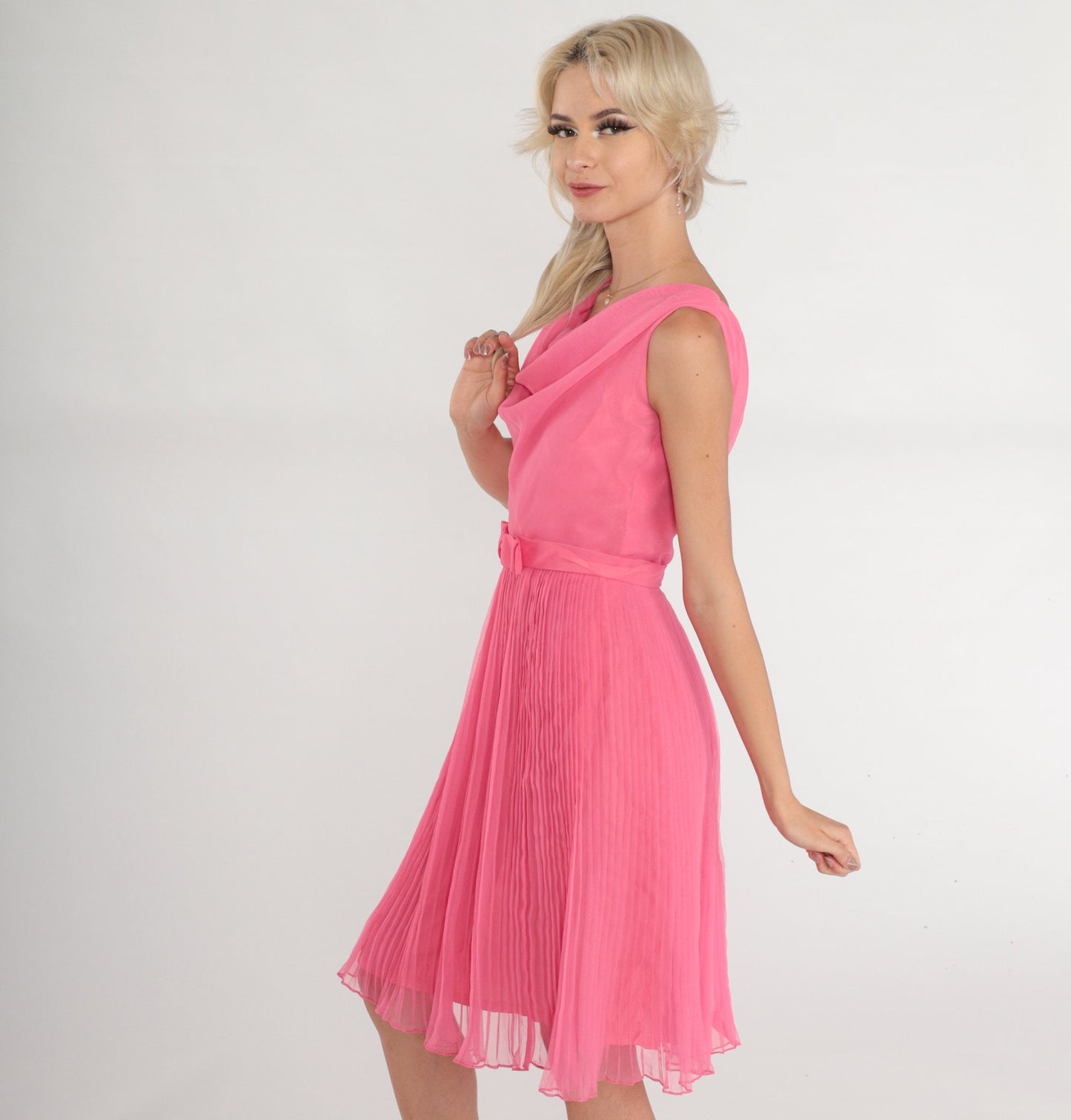 70s Eddie Nober Pink Chiffon Mini Dress Cowl Neck Bow Belt XS