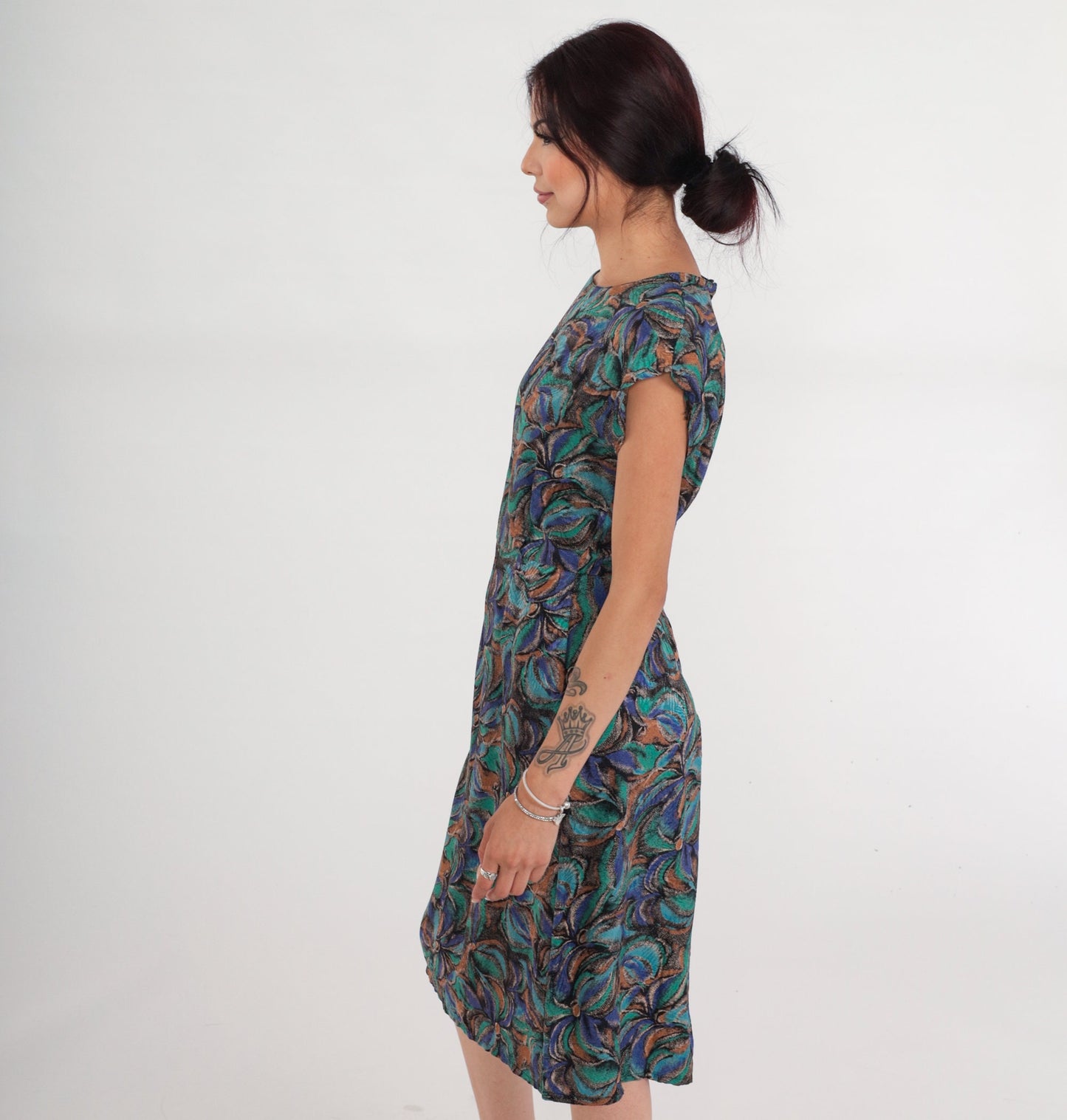 80s Silk Floral Midi Dress Cap Sleeve High Waist Abstract Print Small