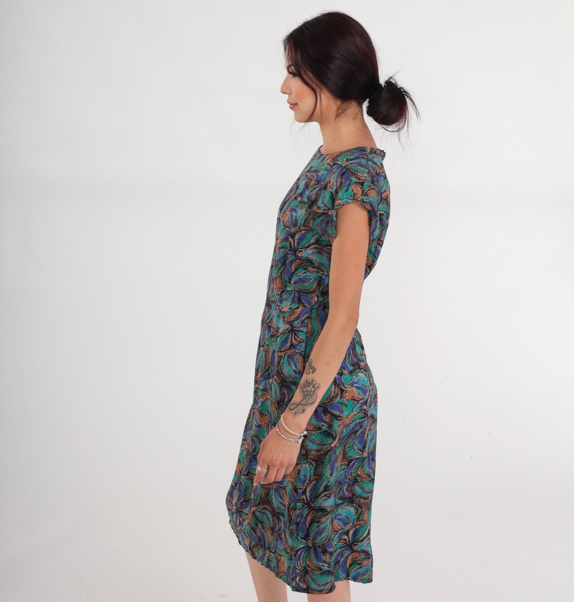80s Silk Floral Midi Dress Cap Sleeve High Waist Abstract Print Small
