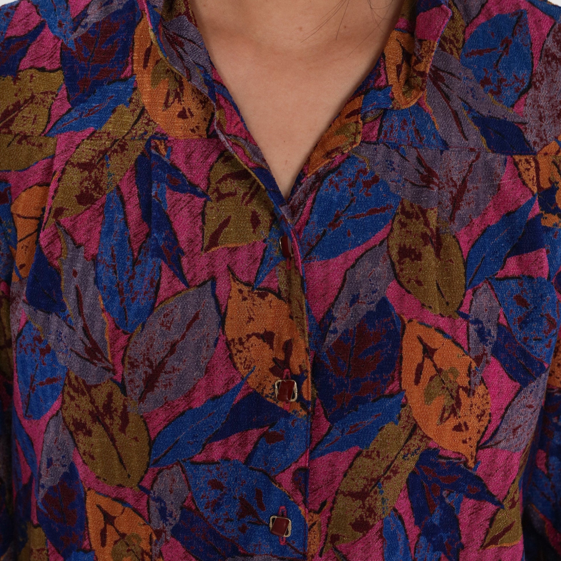 90s Leaf Print Midi Shirtwaist Dress Collared Button-Up Pink Blue Green Medium