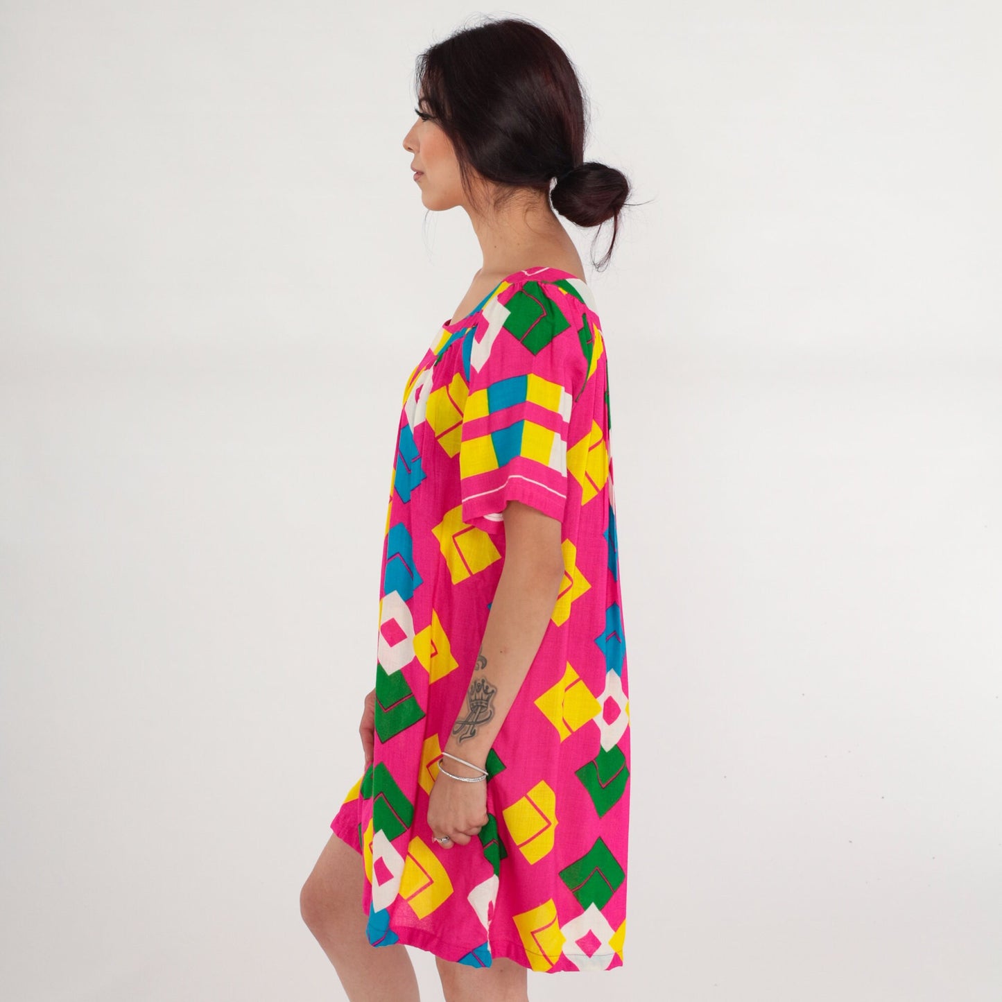70s Pink Geometric Diamond Print Mini Dress Tent Cut Short Sleeve Large