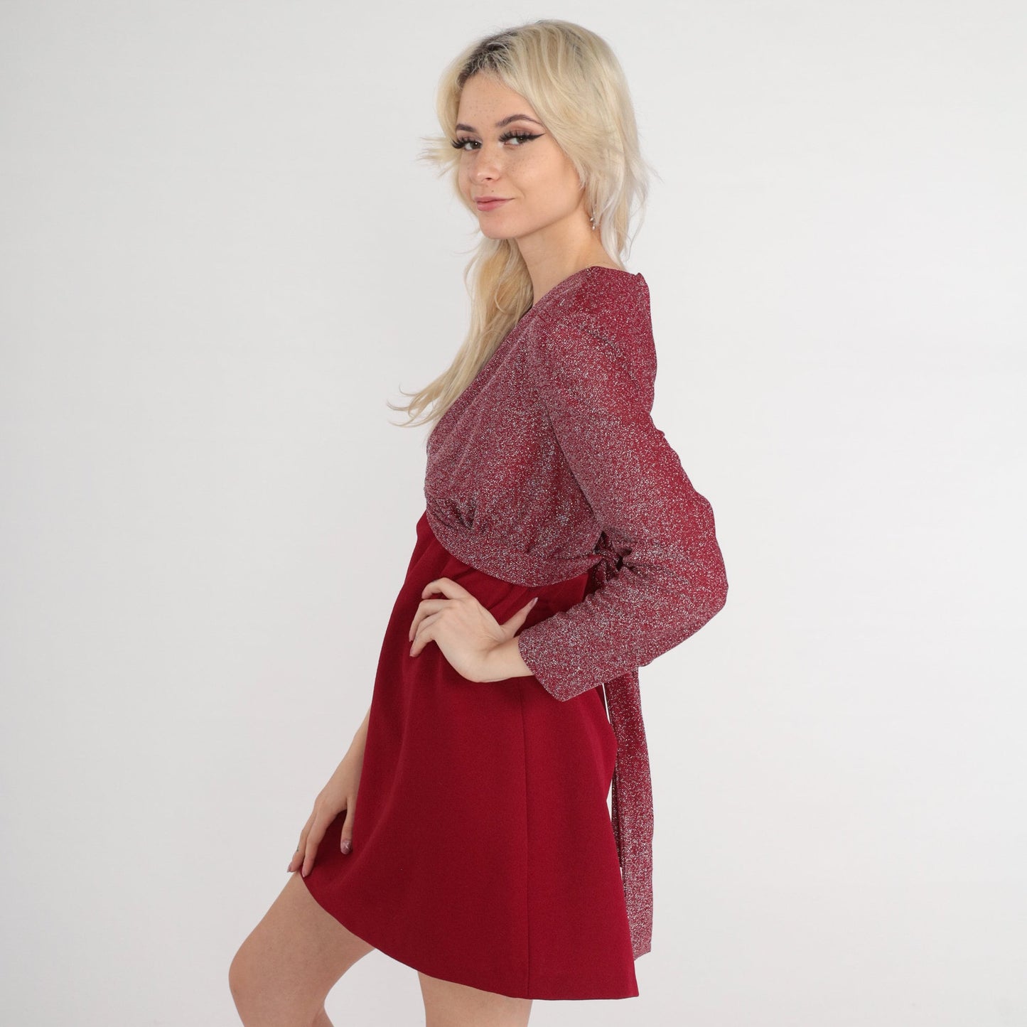 70s Metallic Red Mini Dress Empire Waist Wrap Long Sleeve Medium