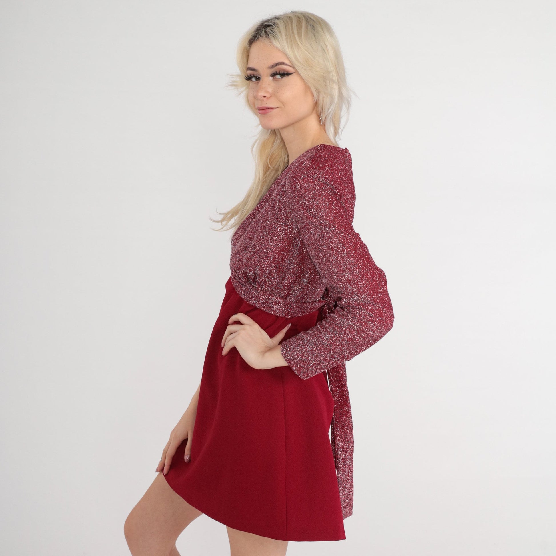 70s Metallic Red Mini Dress Empire Waist Wrap Long Sleeve Medium