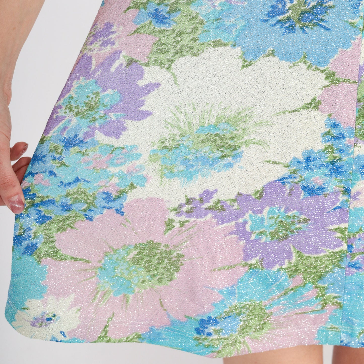 70s Metallic Floral Mini Dress Empire Waist V-Neck Sleeveless Purple Blue Extra Small