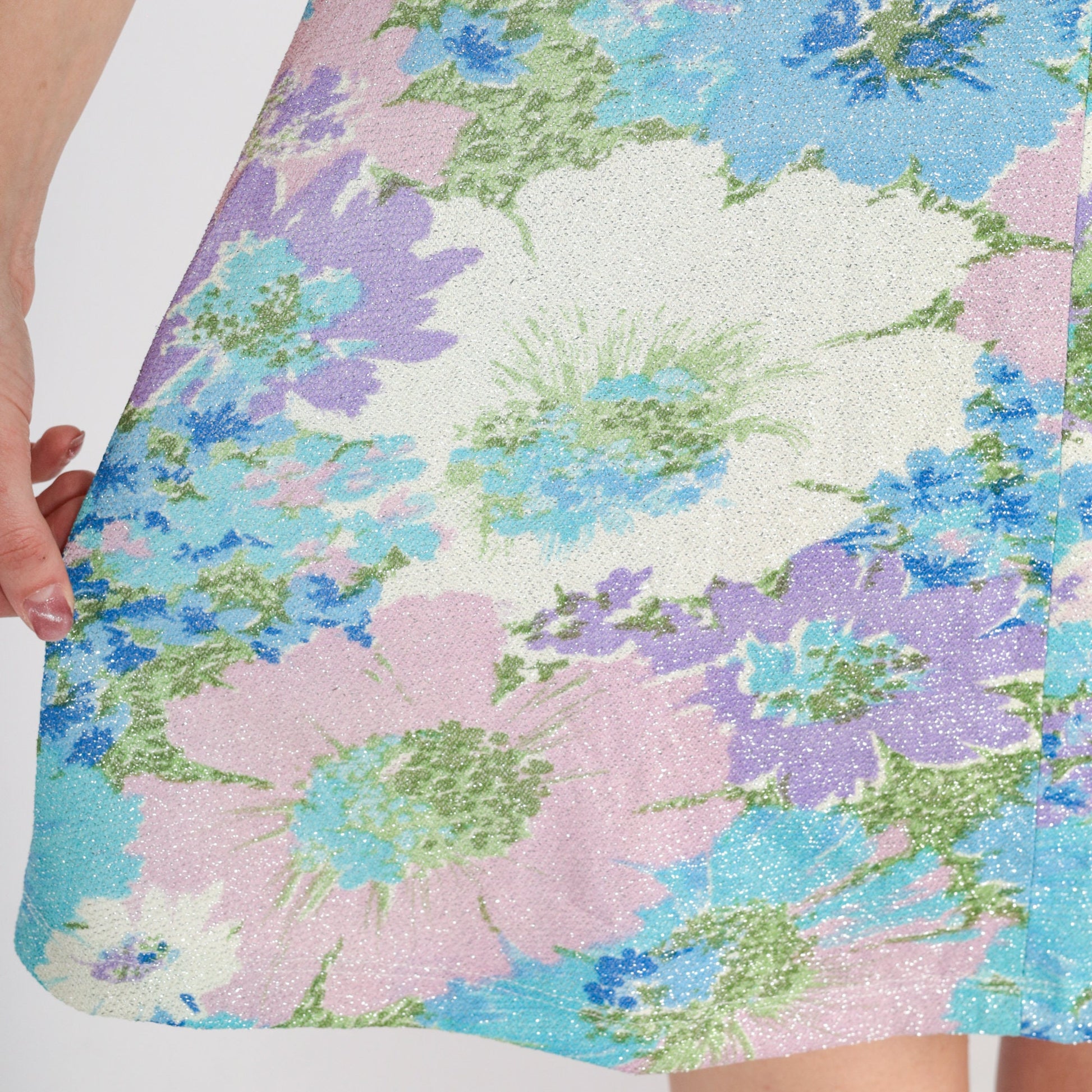 70s Metallic Floral Mini Dress Empire Waist V-Neck Sleeveless Purple Blue Extra Small