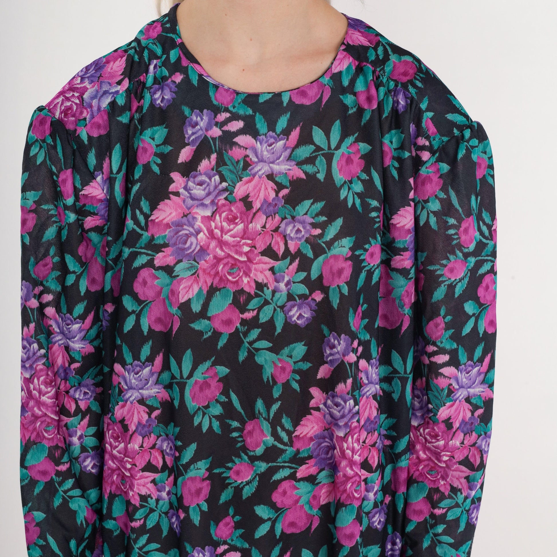 80s Floral Midi Dress Puff Sleeve Tiered Ruffle Black Pink Purple Plus Size 24