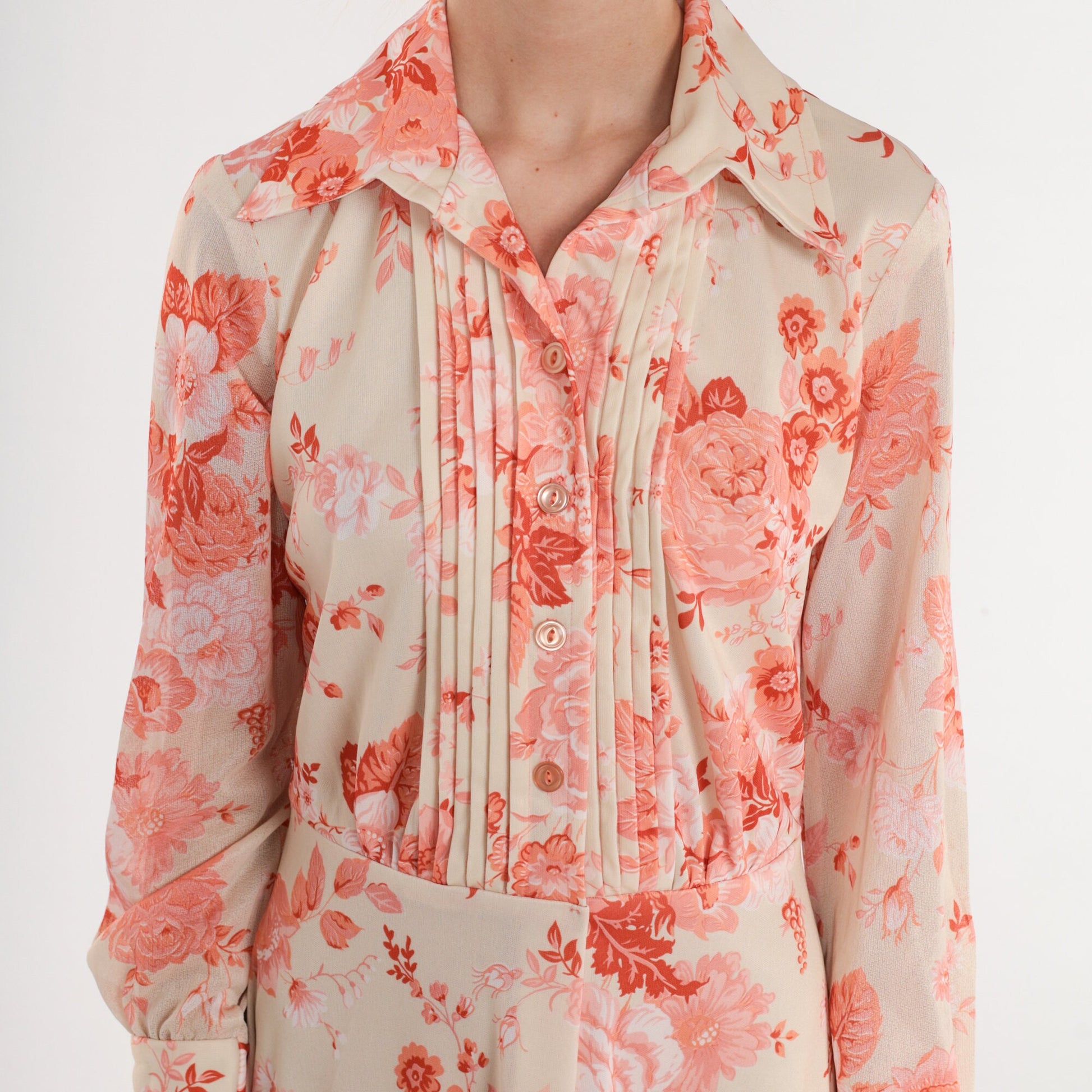 70s Floral Shirtwaist Midi Dress Cream Pink Rose Print Button Up Small