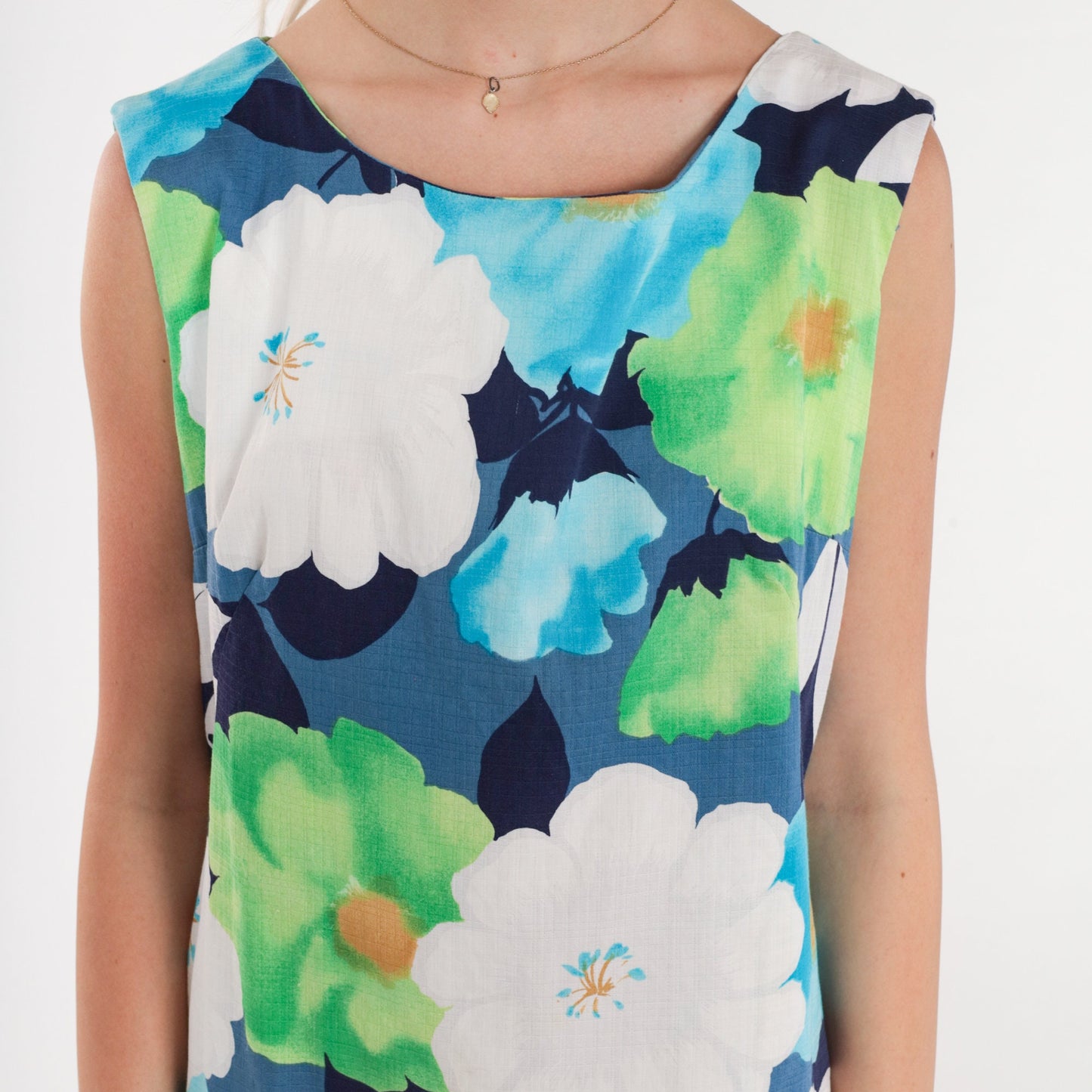 60s Floral Mod Mini Shift Dress Sleeveless Blue Green White Medium M