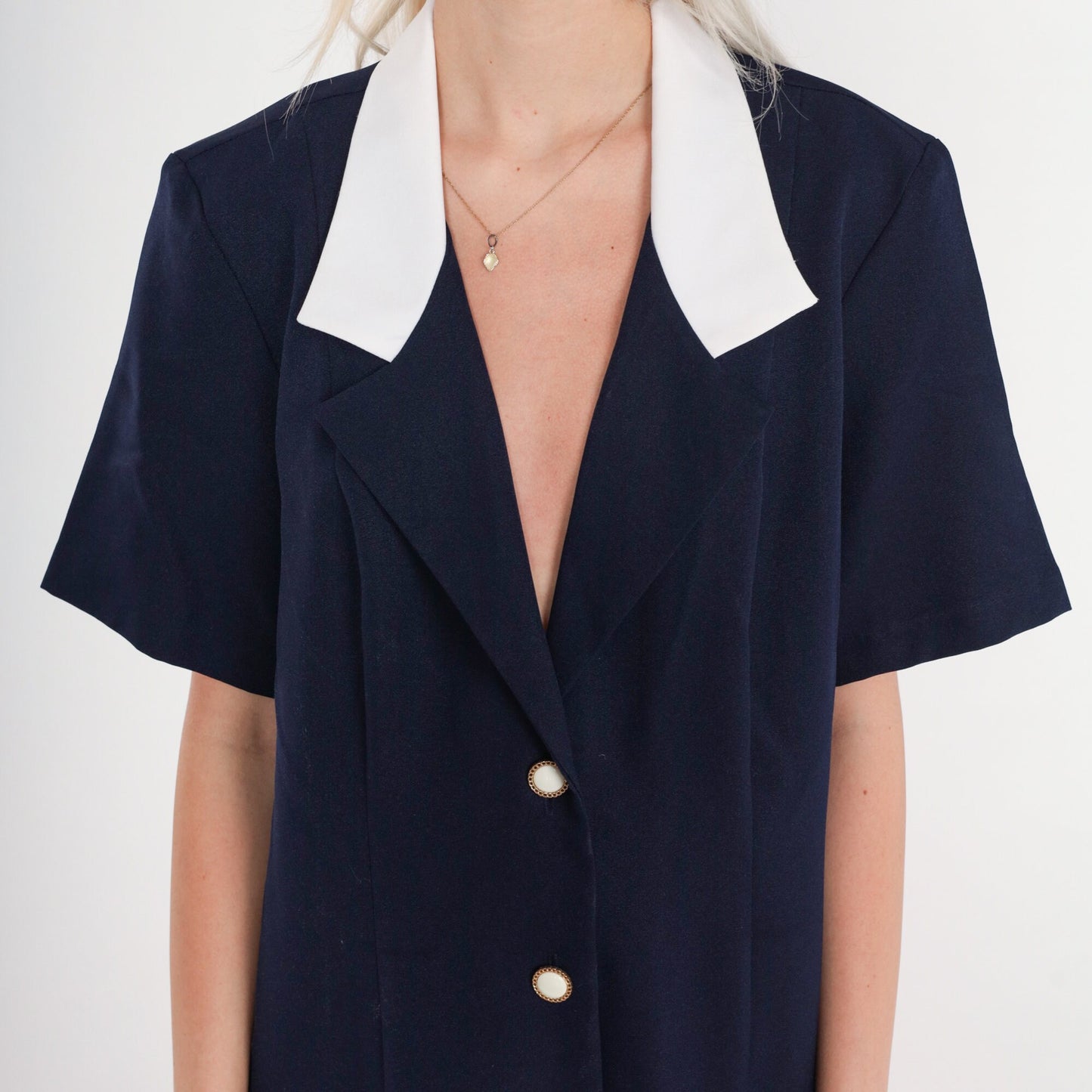 80s Navy Blue Mini Shirtdress Collared Button-Up White Trim Large L