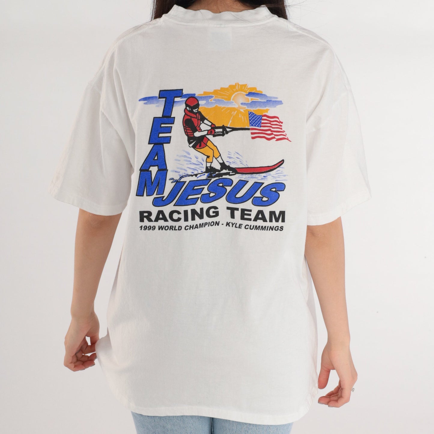 90s Team Jesus Water Skiing Graphic T-Shirt White Cotton Large