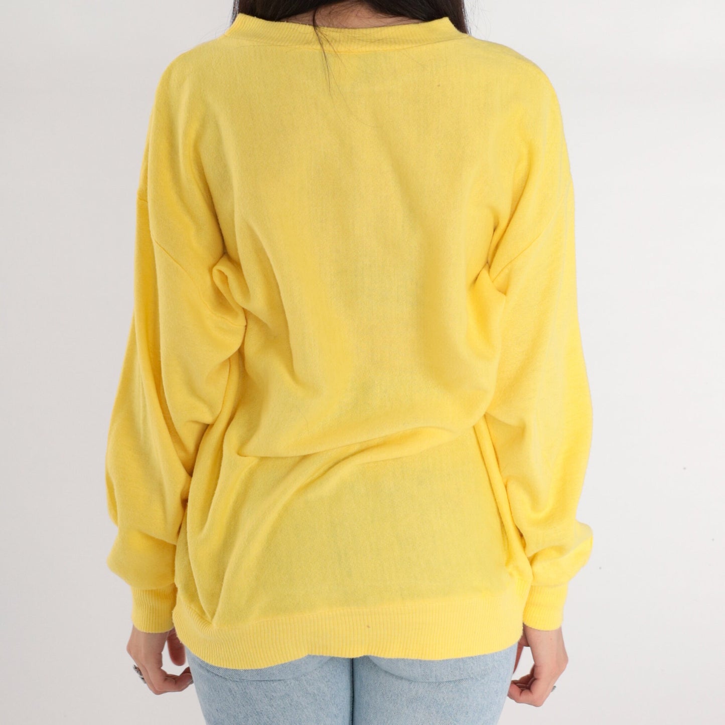 80s Yellow Crewneck Sweatshirt Plain Pullover Large L