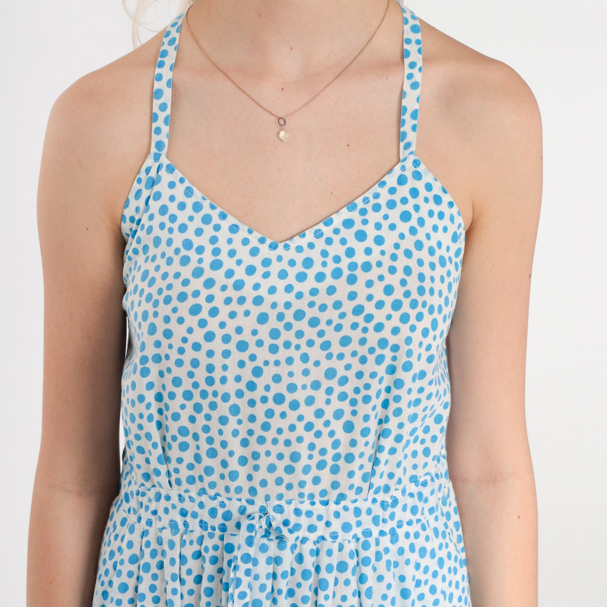 70s Polka Dot Criss-Cross Backless Midi Sundress White Blue Medium